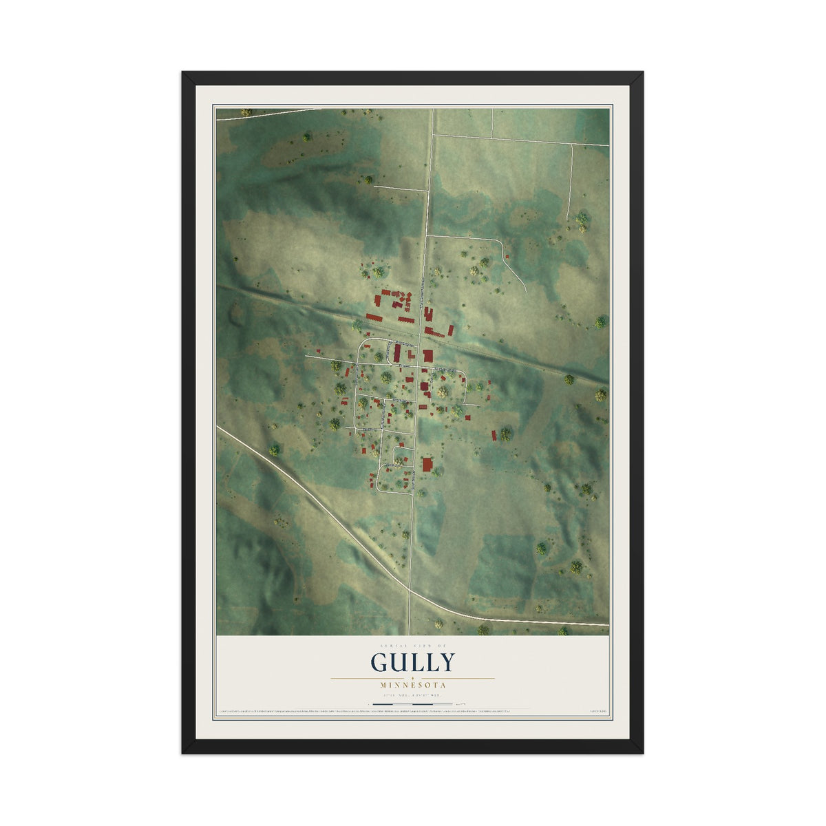 Map of Gully, Minnesota, 12 x 18 inch print in a black wood frame