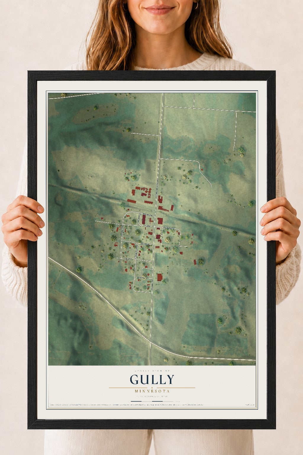 Map of Gully, Minnesota, 18 x 24 inch print in a black wood frame