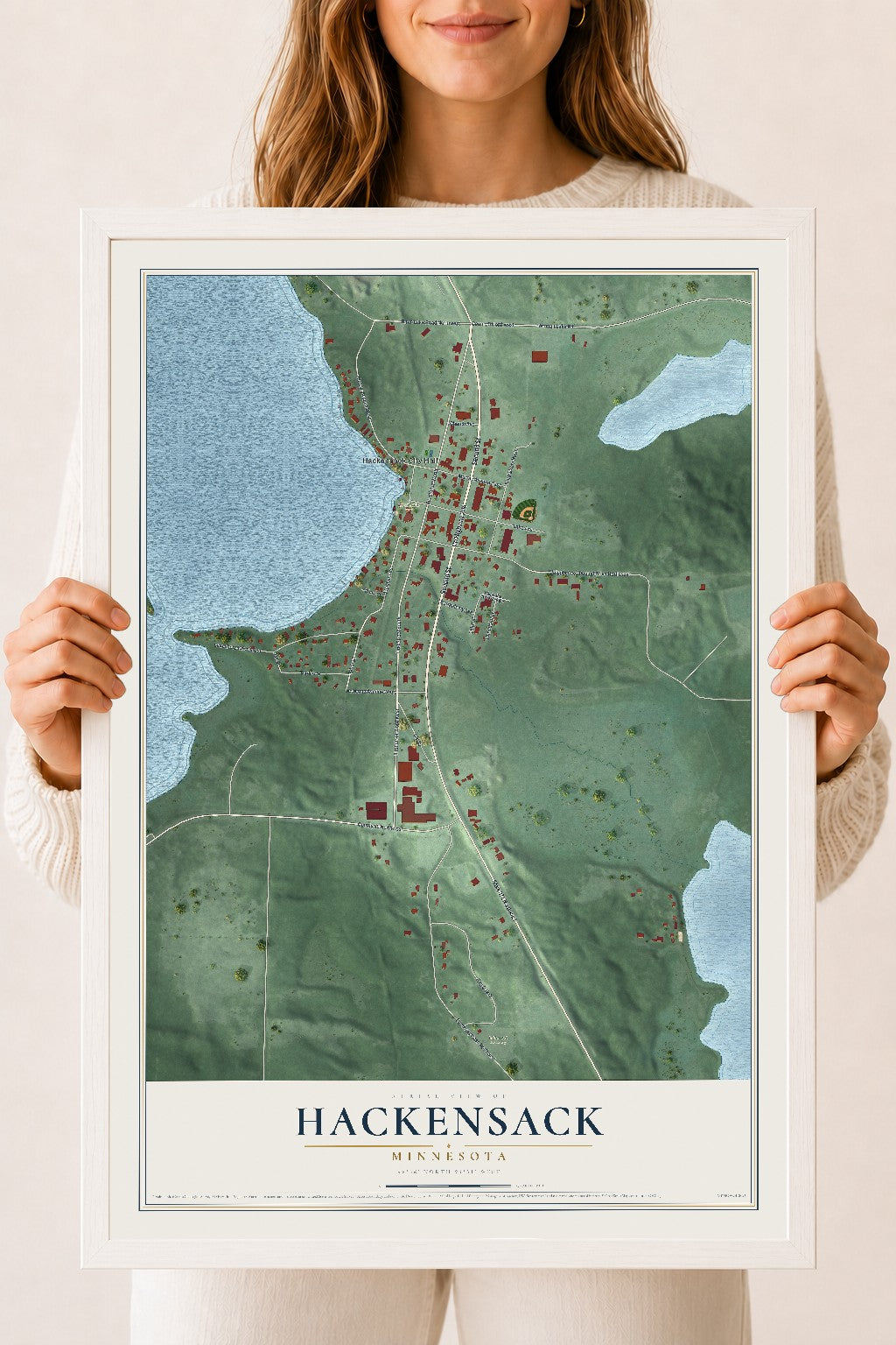 Map of Hackensack, Minnesota, 18 x 24 inch print in a white wood frame