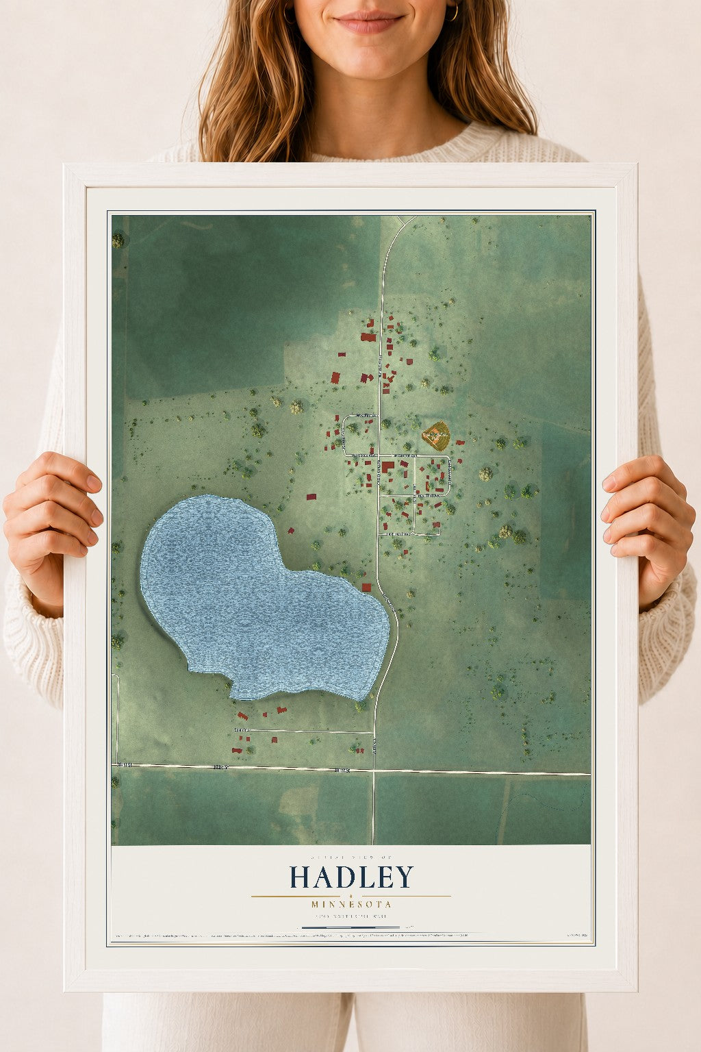 Map of Hadley, Minnesota, 18 x 24 inch print in a white wood frame