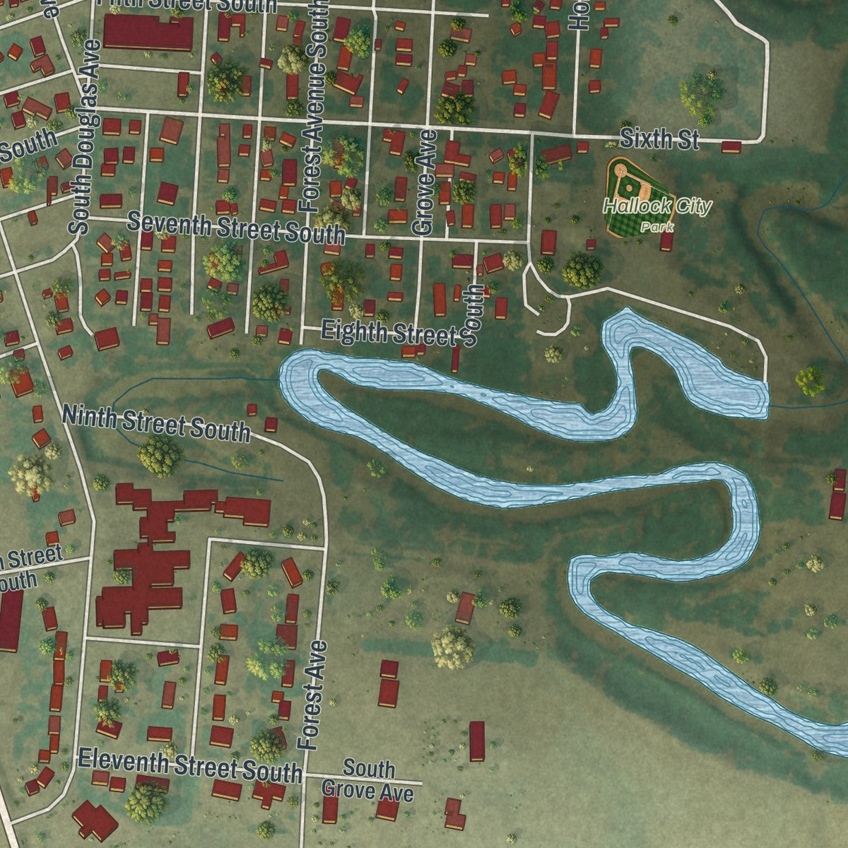 Second close-up of the map of Hallock, Minnesota print showing more streets and buildings