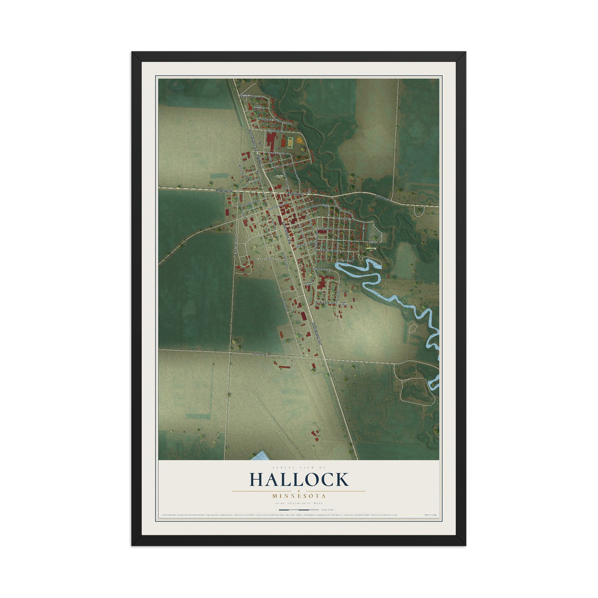 Map of Hallock, Minnesota, 12 x 18 inch print in a black wood frame