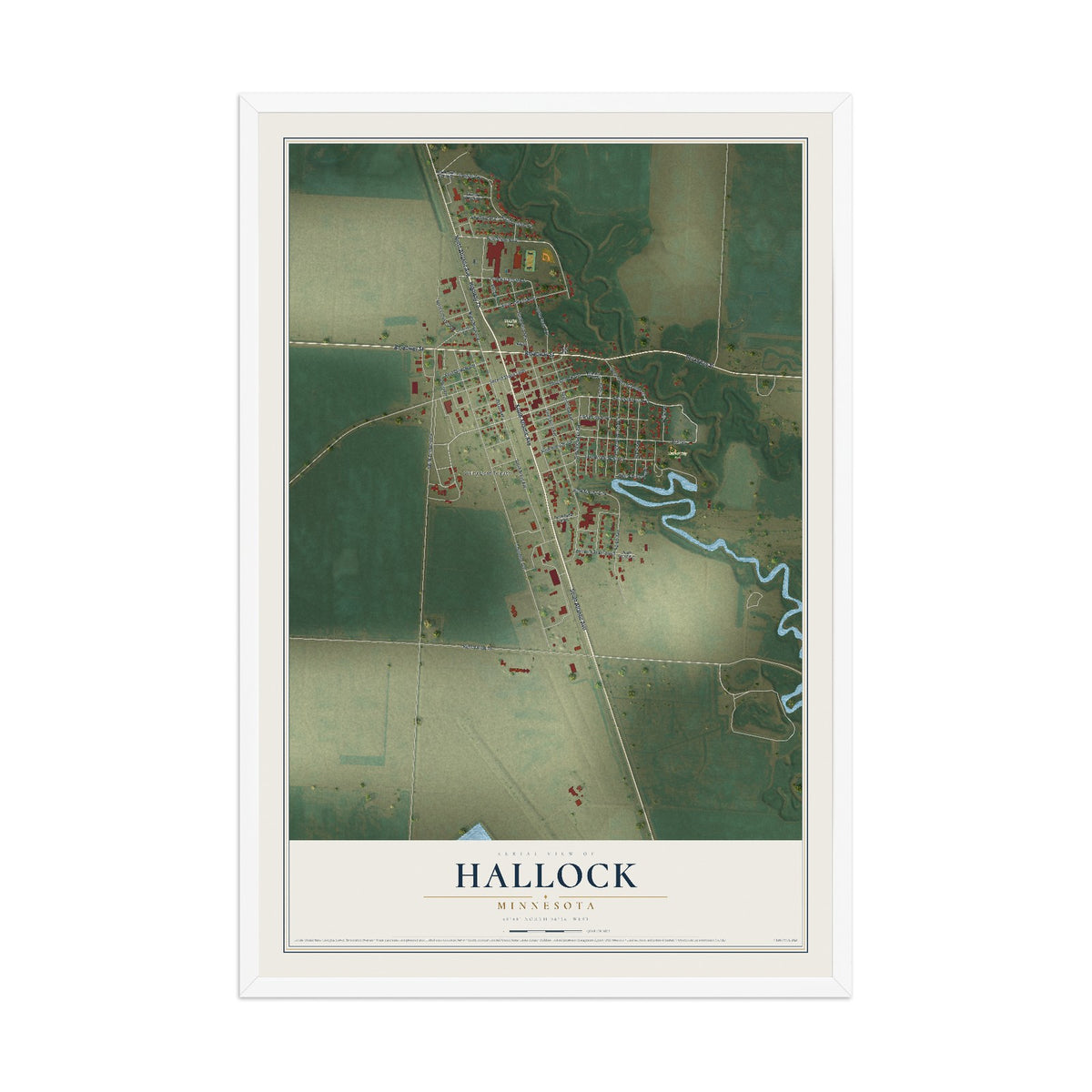 Map of Hallock, Minnesota, 12 x 18 inch print in a white wood frame
