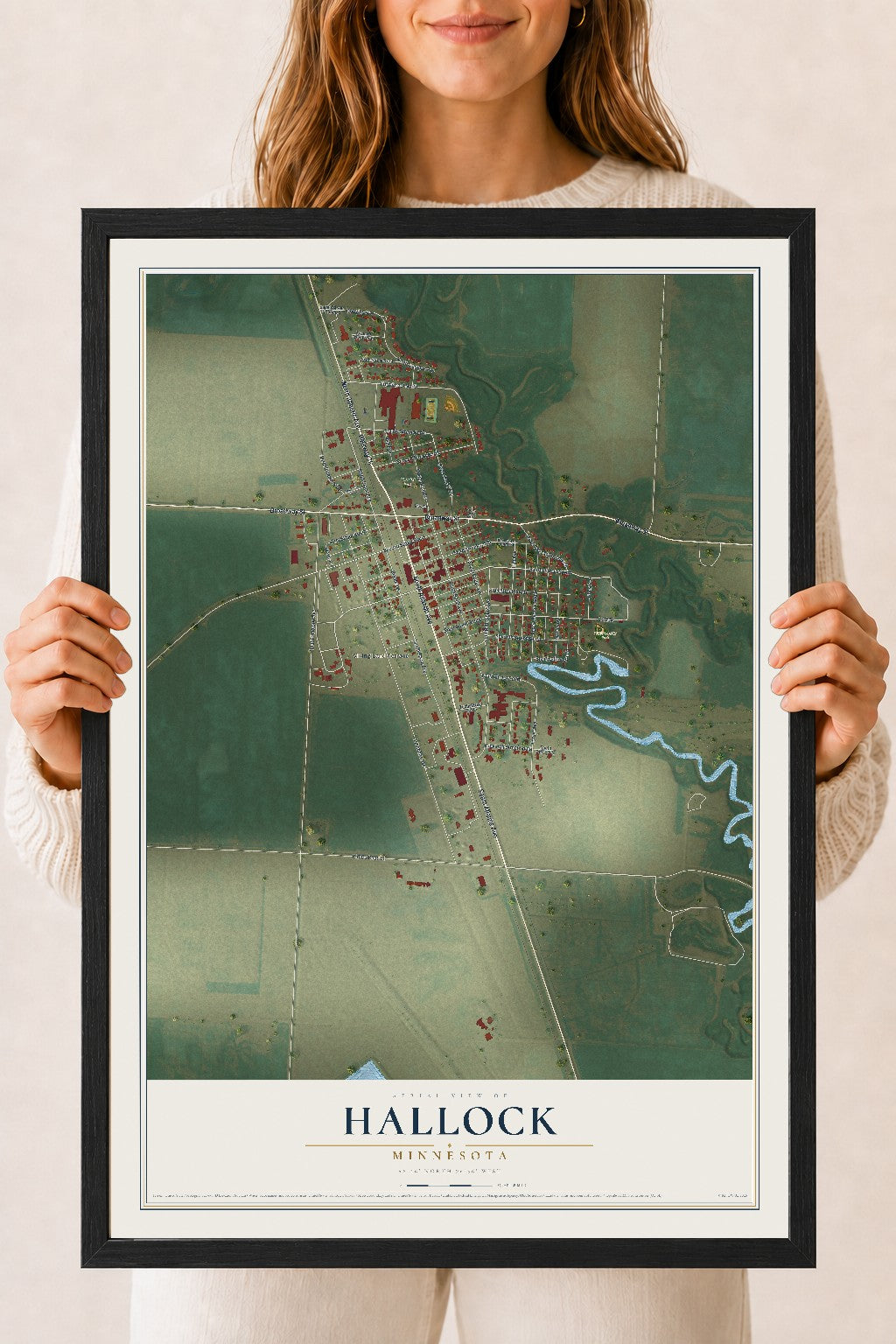 Map of Hallock, Minnesota, 18 x 24 inch print in a black wood frame
