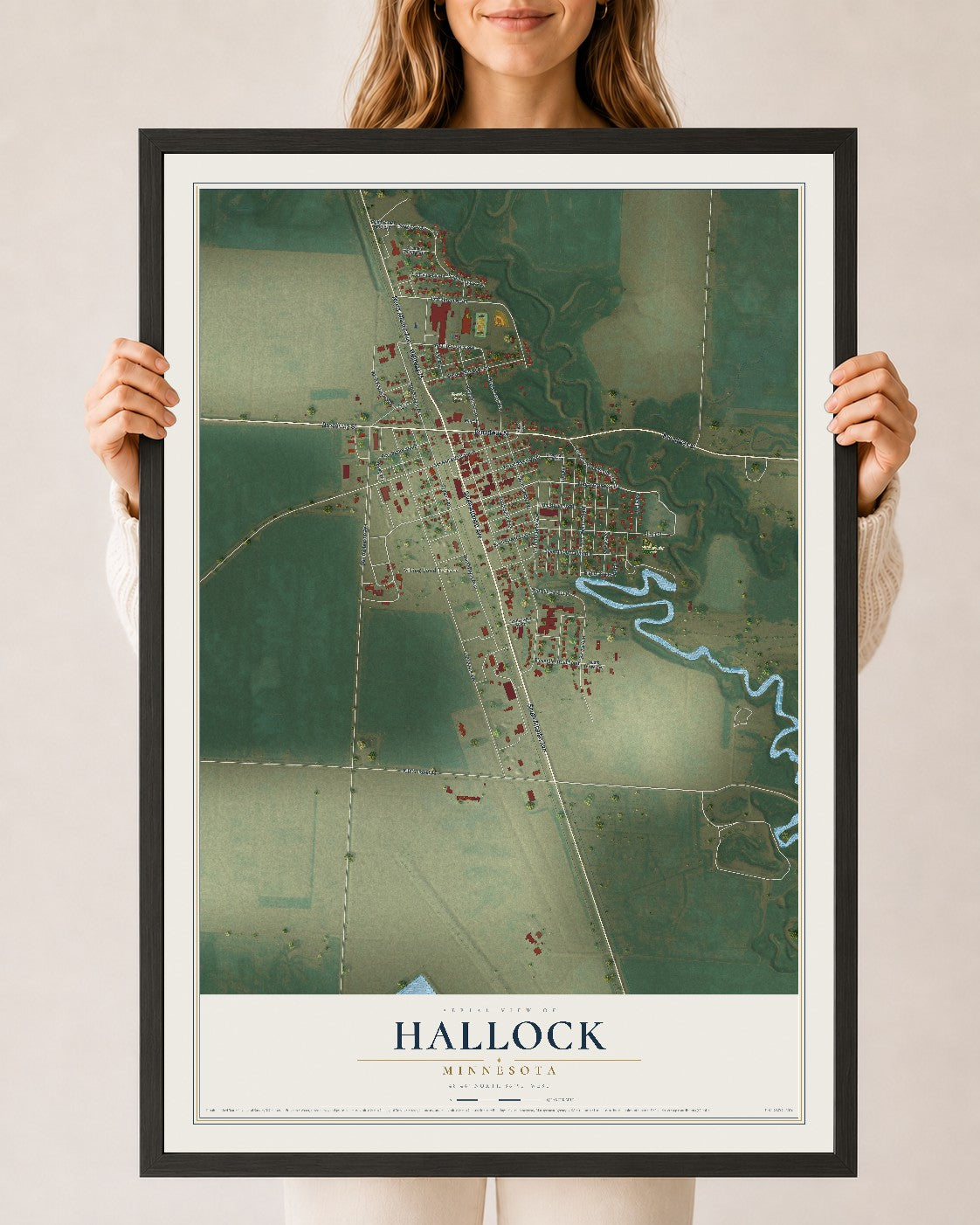 Map of Hallock, Minnesota, 24 x 36 inch print in a black wood frame