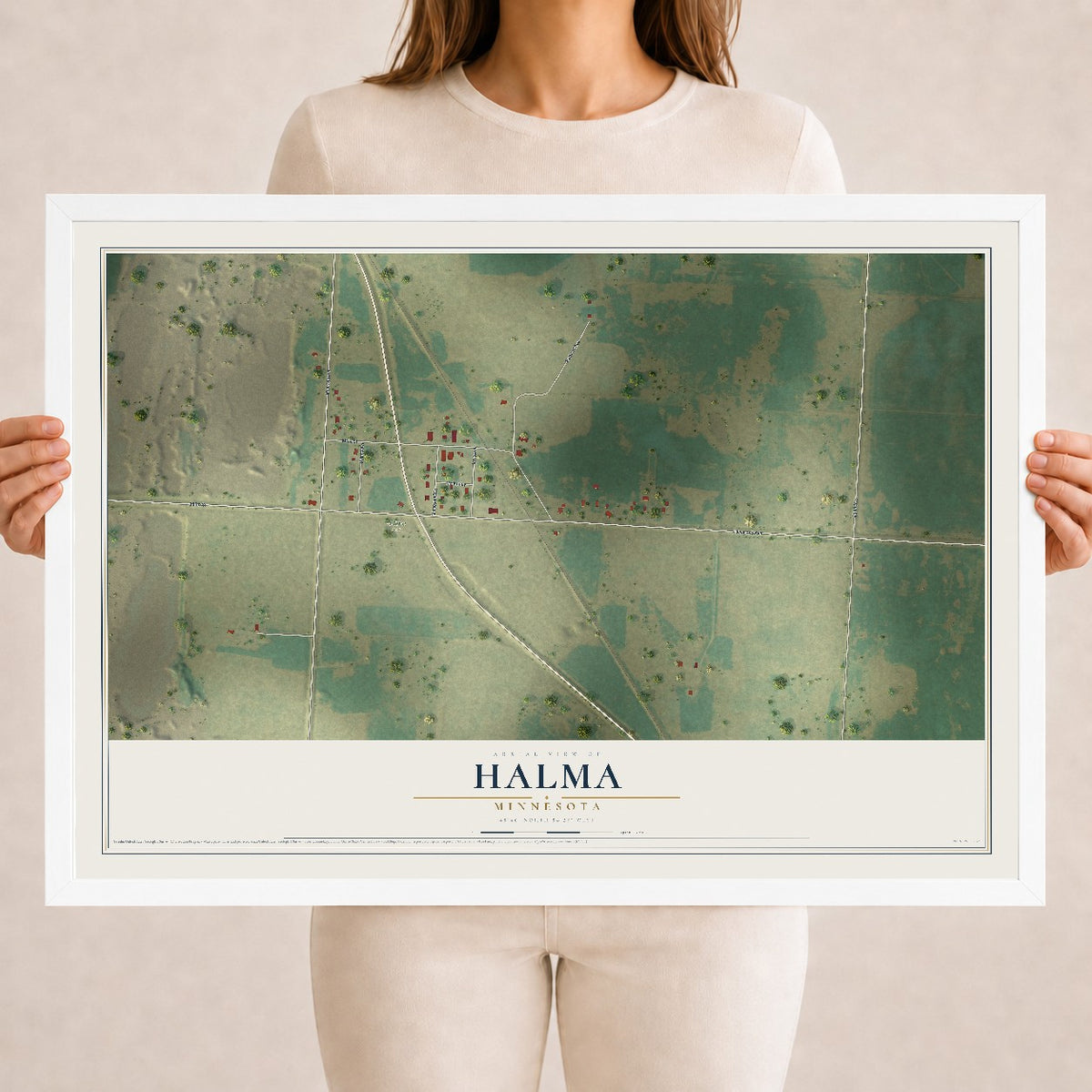 Map of Halma, Minnesota, 18 x 24 inch print in a white wood frame