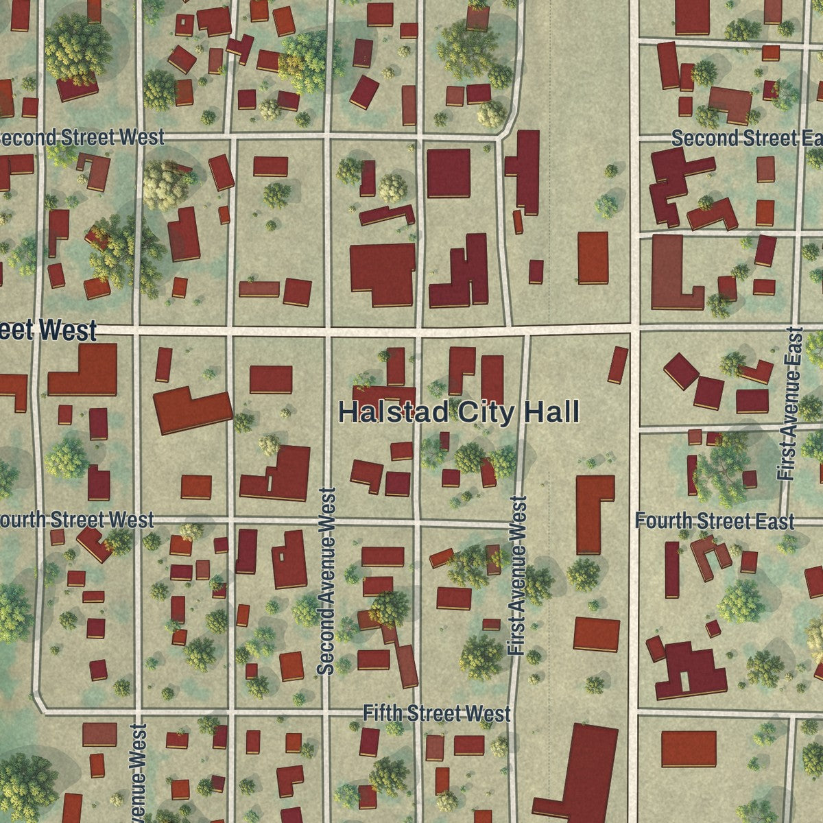 Close-up of the map of Halstad, Minnesota print showing street and building detail