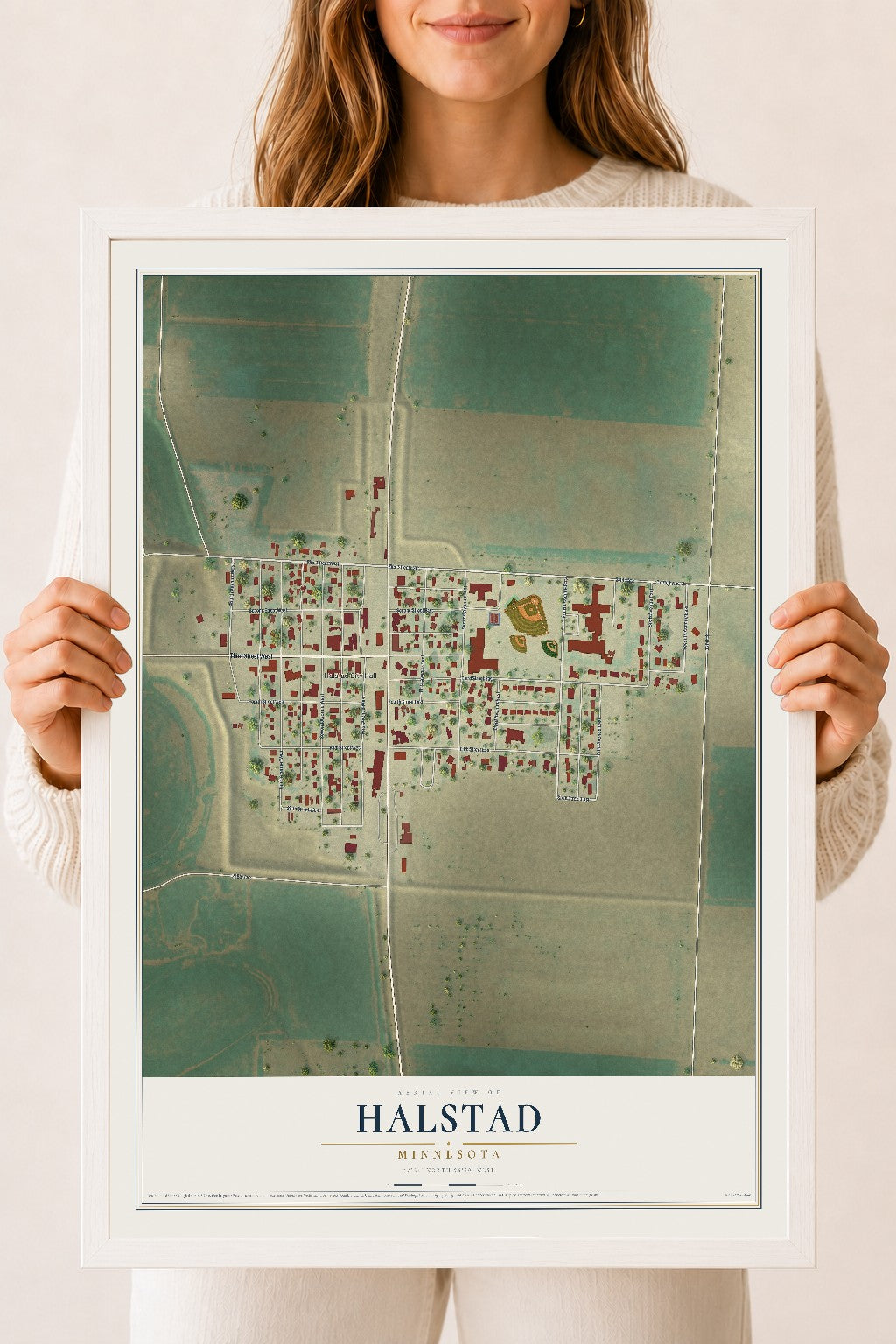Map of Halstad, Minnesota, 18 x 24 inch print in a white wood frame