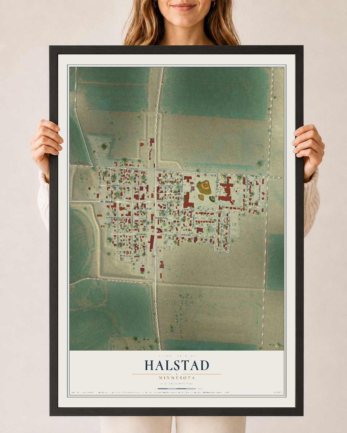 Map of Halstad, Minnesota, 24 x 36 inch print in a black wood frame