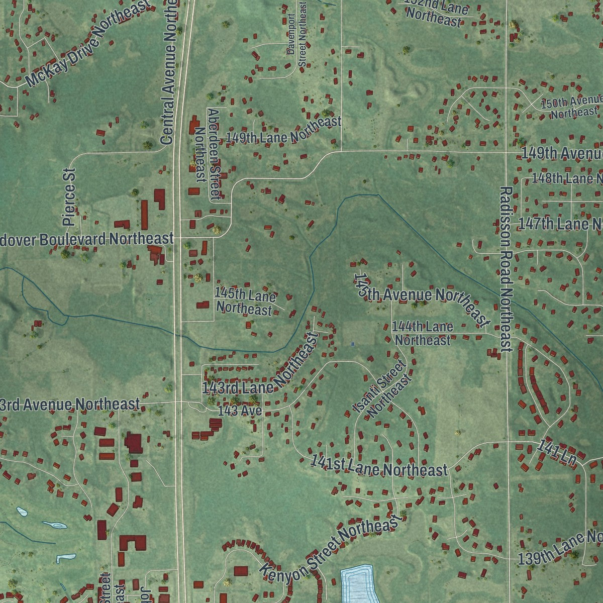 Close-up of the map of Ham Lake, Minnesota print showing street and building detail