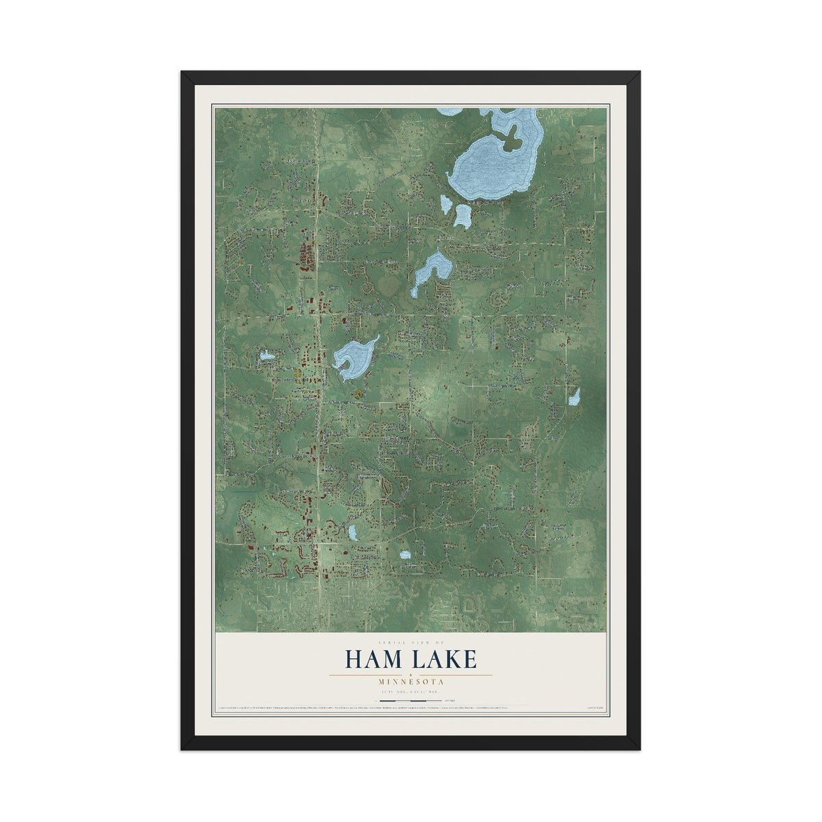 Map of Ham Lake, Minnesota, 12 x 18 inch print in a black wood frame