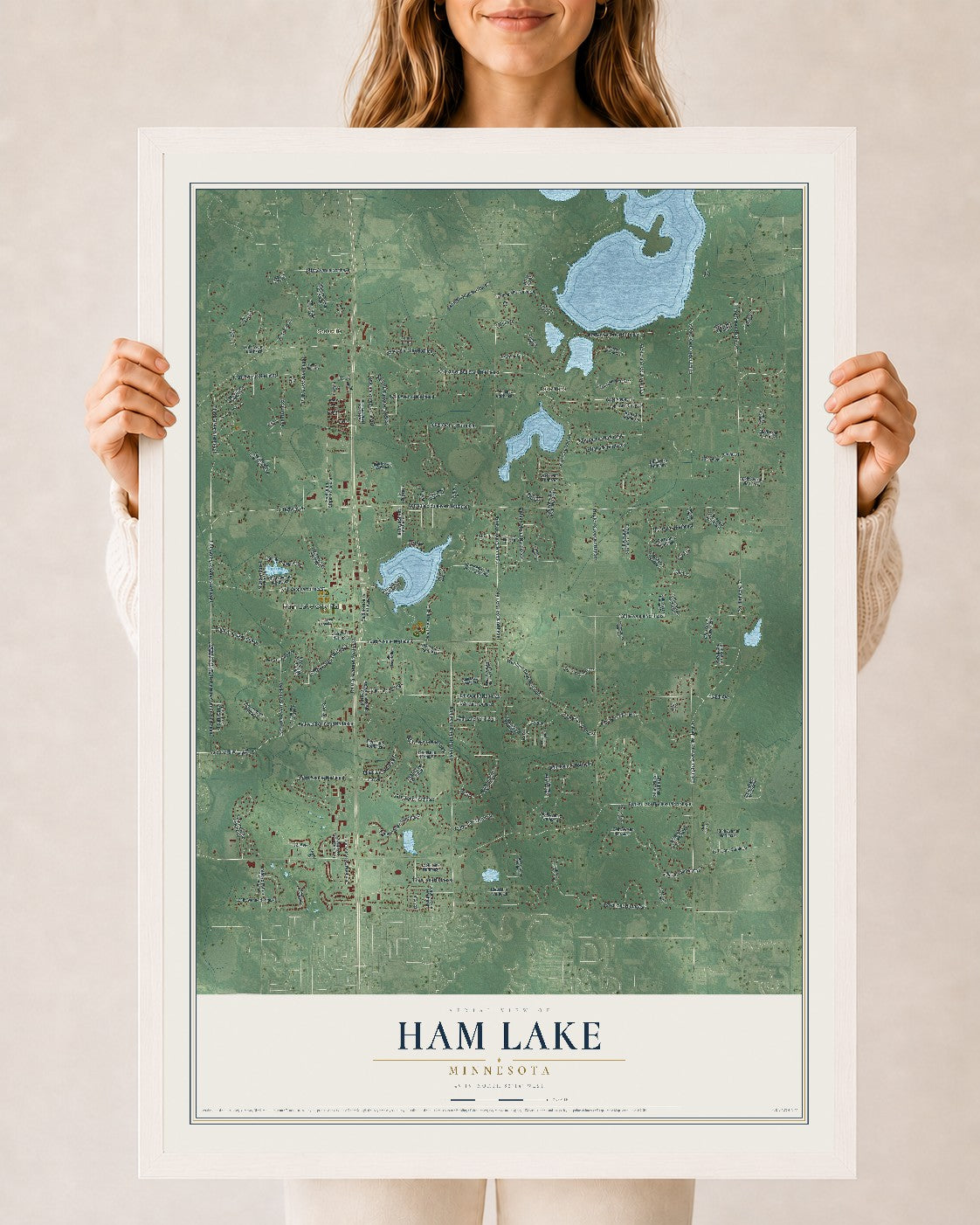 Map of Ham Lake, Minnesota, 24 x 36 inch print in a white wood frame