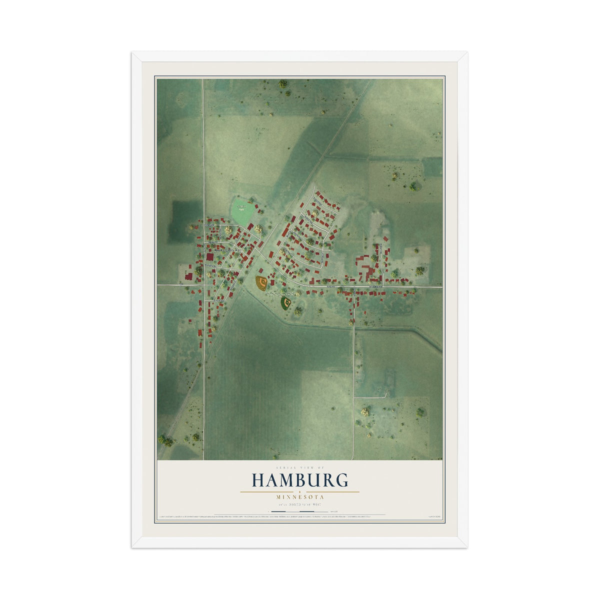 Map of Hamburg, Minnesota, 12 x 18 inch print in a white wood frame