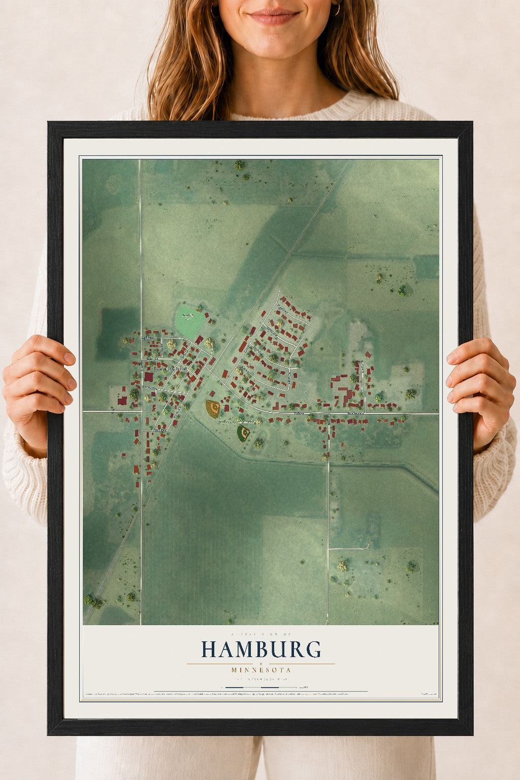 Map of Hamburg, Minnesota, 18 x 24 inch print in a black wood frame