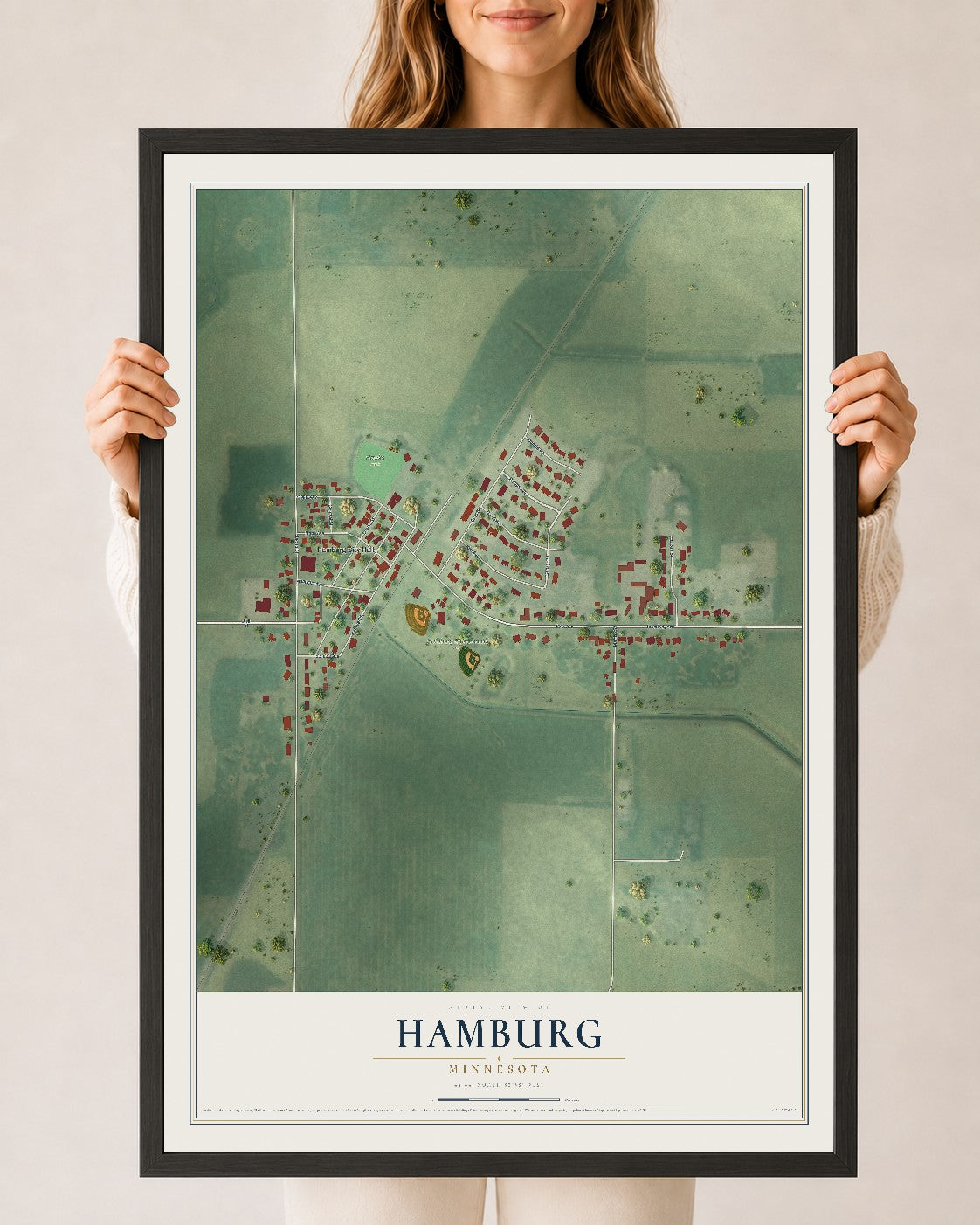 Map of Hamburg, Minnesota, 24 x 36 inch print in a black wood frame