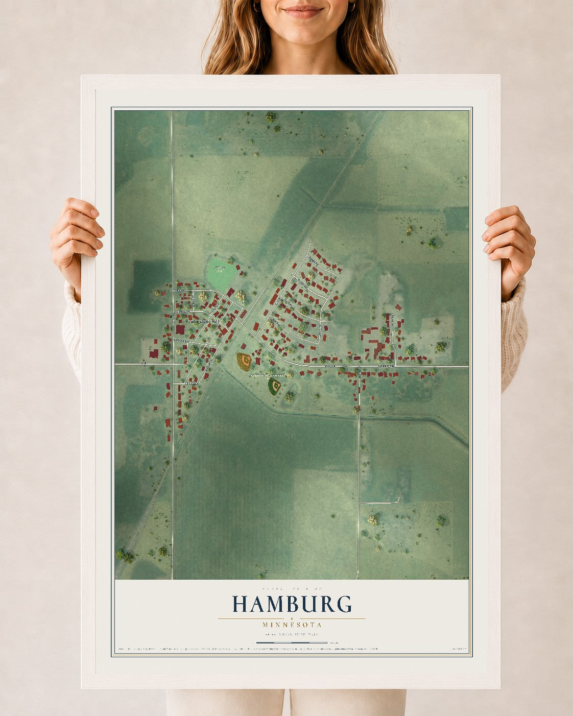 Map of Hamburg, Minnesota, 24 x 36 inch print in a white wood frame