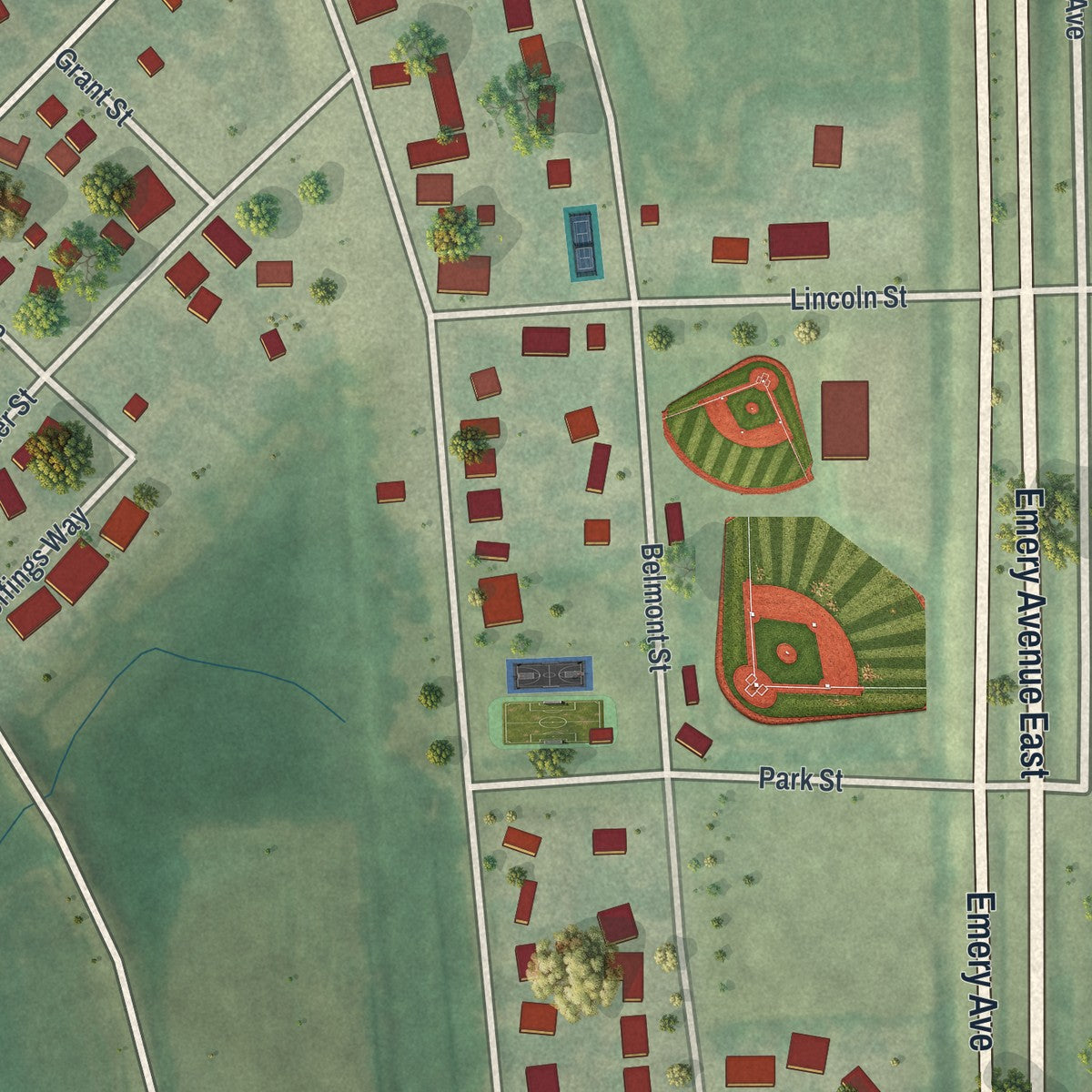 Close-up of the map of Hampton, Minnesota print showing street and building detail