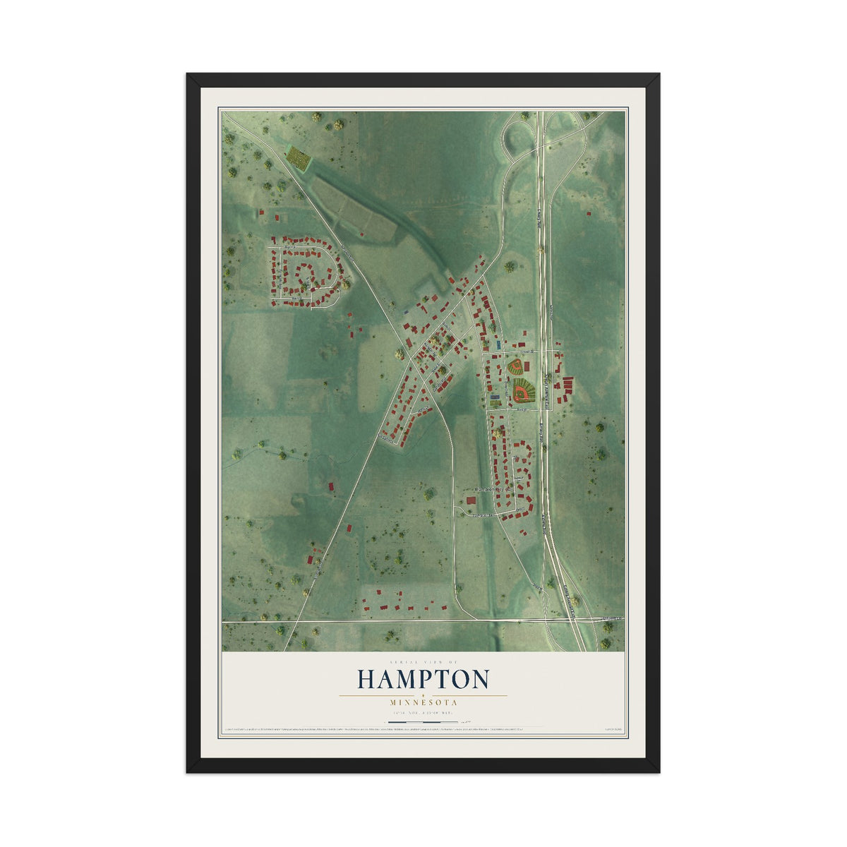 Map of Hampton, Minnesota, 12 x 18 inch print in a black wood frame