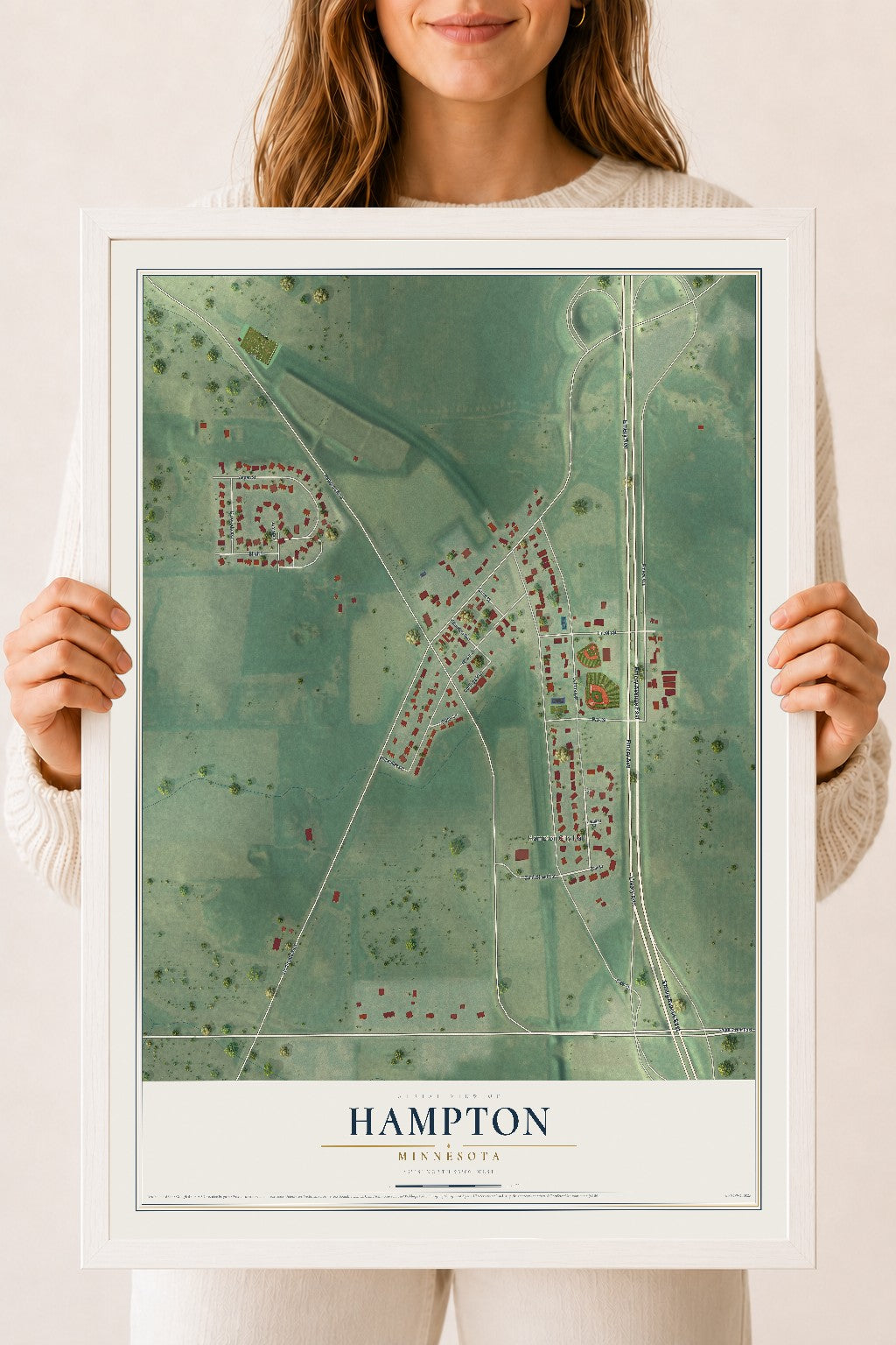 Map of Hampton, Minnesota, 18 x 24 inch print in a white wood frame