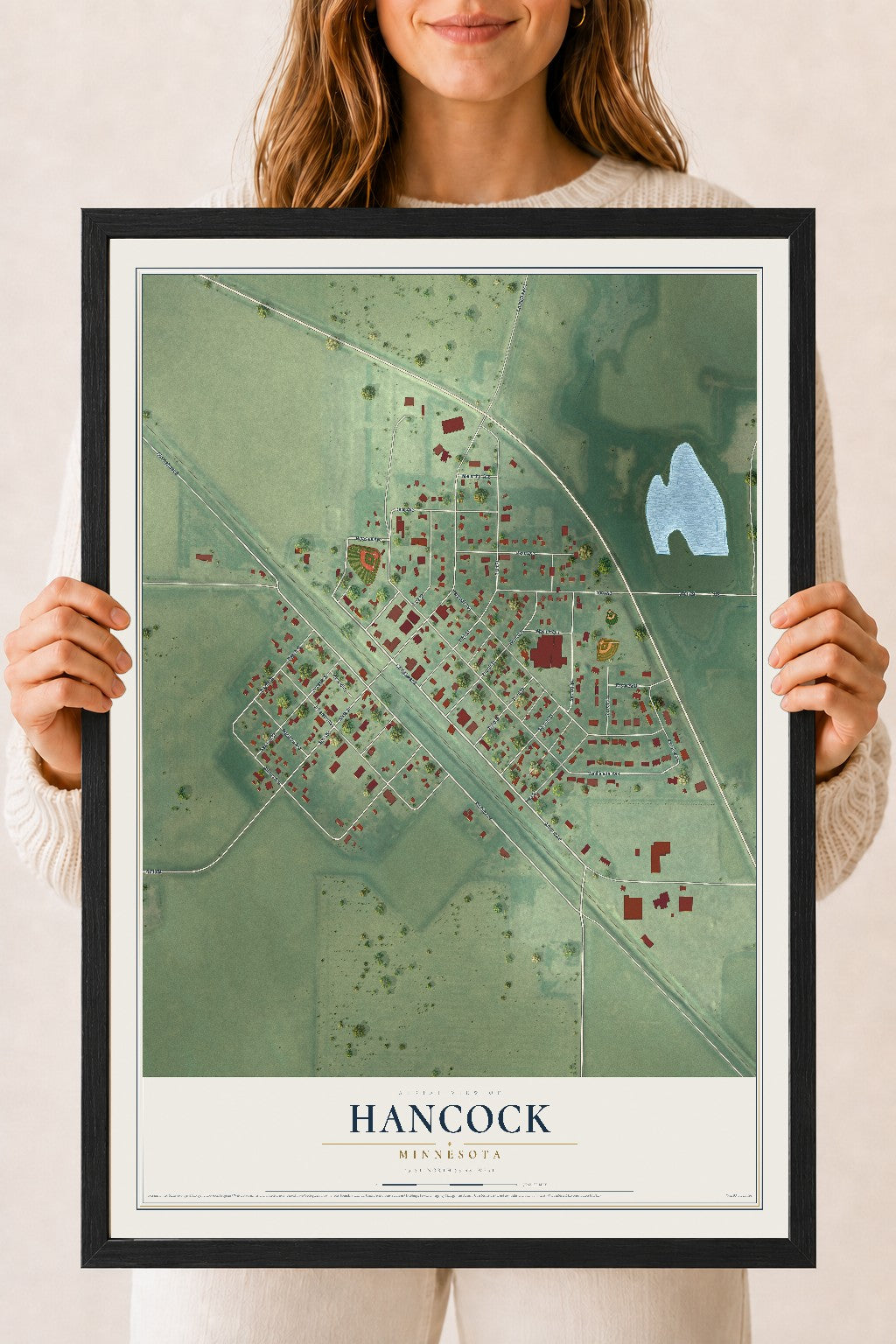 Map of Hancock, Minnesota, 18 x 24 inch print in a black wood frame