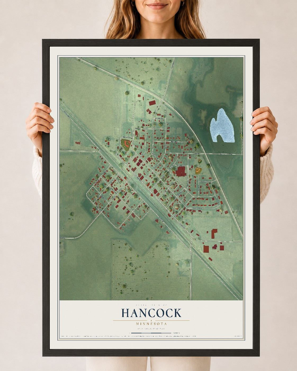 Map of Hancock, Minnesota, 24 x 36 inch print in a black wood frame