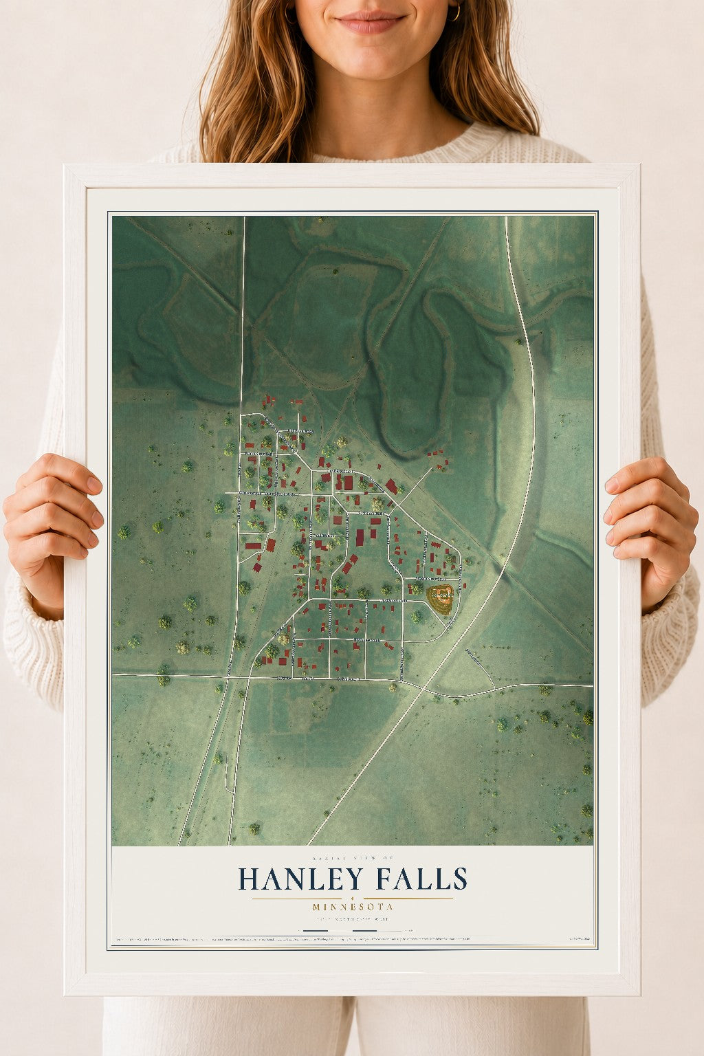 Map of Hanley Falls, Minnesota, 18 x 24 inch print in a white wood frame