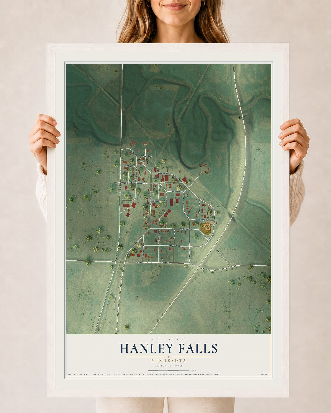 Map of Hanley Falls, Minnesota, 24 x 36 inch print in a white wood frame