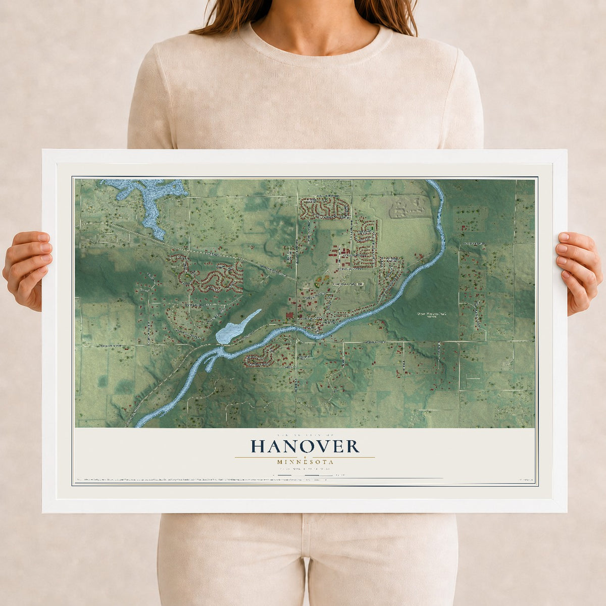 Map of Hanover, Minnesota, 12 x 18 inch print in a white wood frame