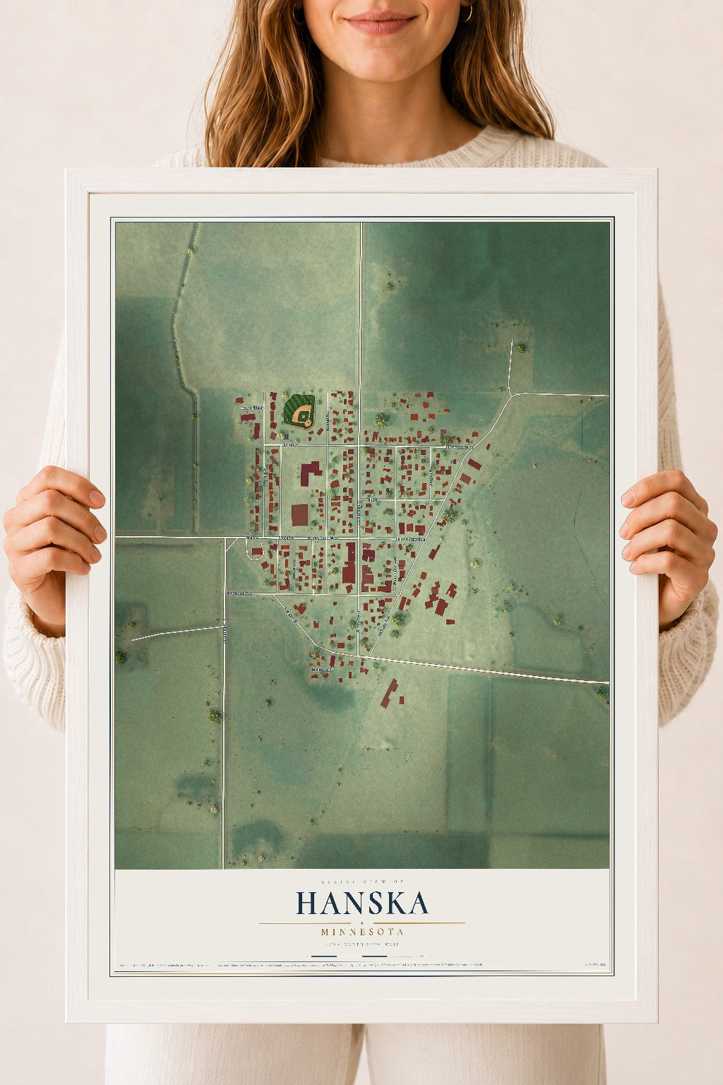 Map of Hanska, Minnesota, 18 x 24 inch print in a white wood frame
