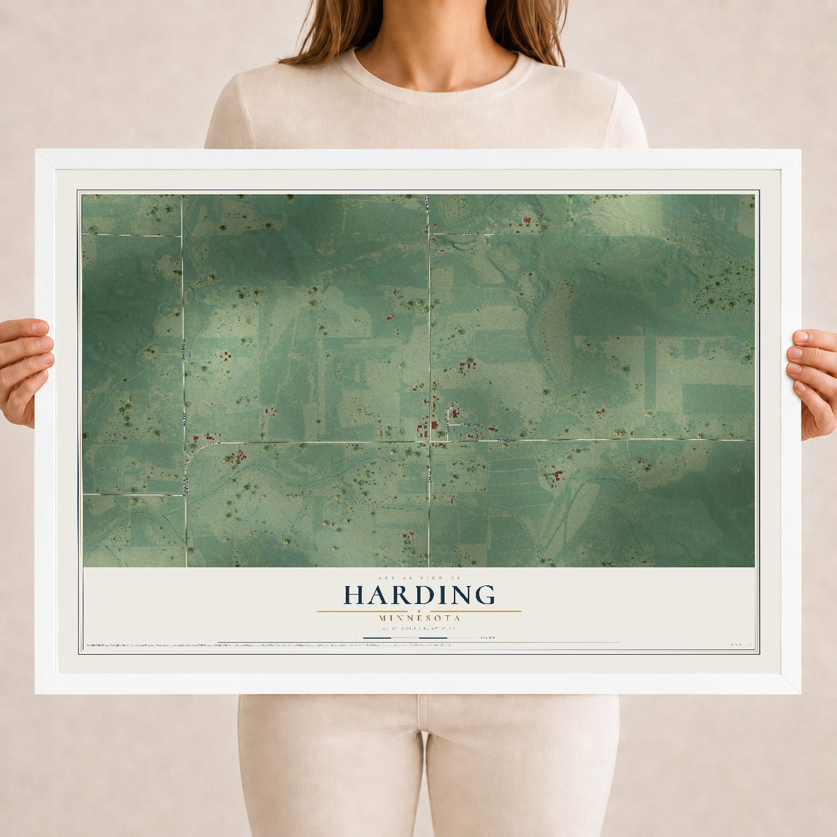 Map of Harding, Minnesota, 18 x 24 inch print in a white wood frame