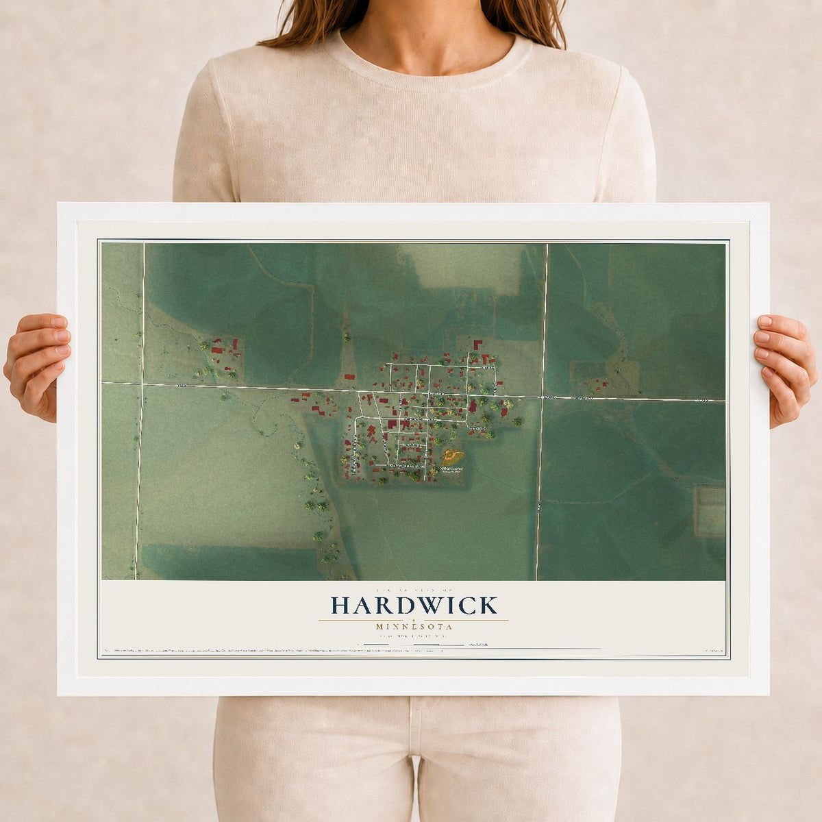 Map of Hardwick, Minnesota, 12 x 18 inch print in a white wood frame