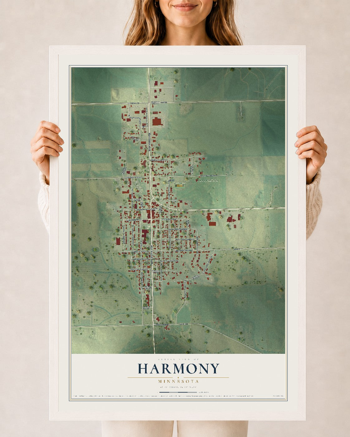 Map of Harmony, Minnesota, 24 x 36 inch print in a white wood frame