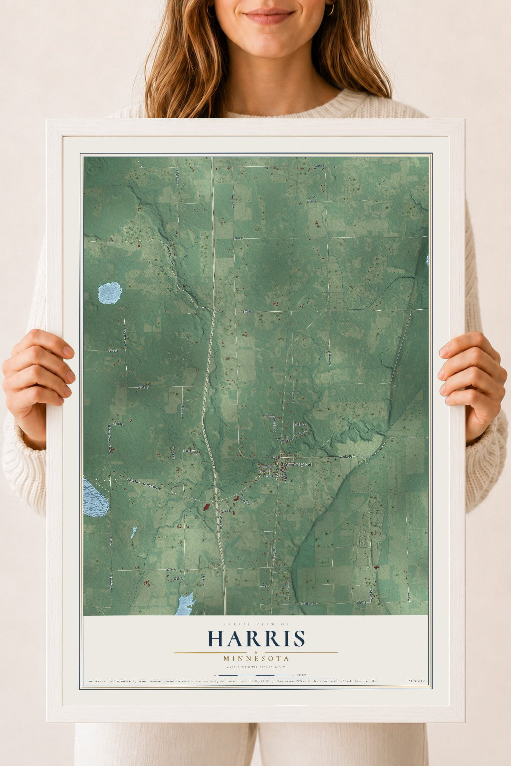 Map of Harris, Minnesota, 18 x 24 inch print in a white wood frame