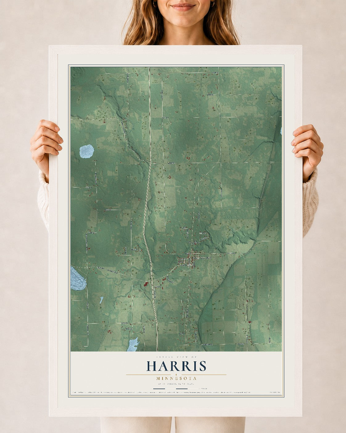 Map of Harris, Minnesota, 24 x 36 inch print in a white wood frame