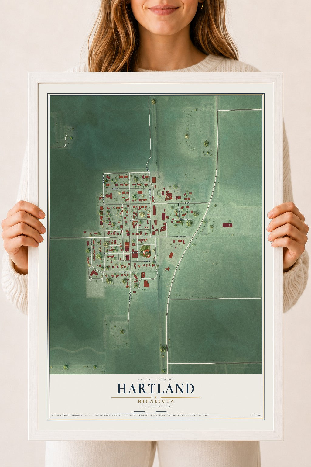 Map of Hartland, Minnesota, 18 x 24 inch print in a white wood frame