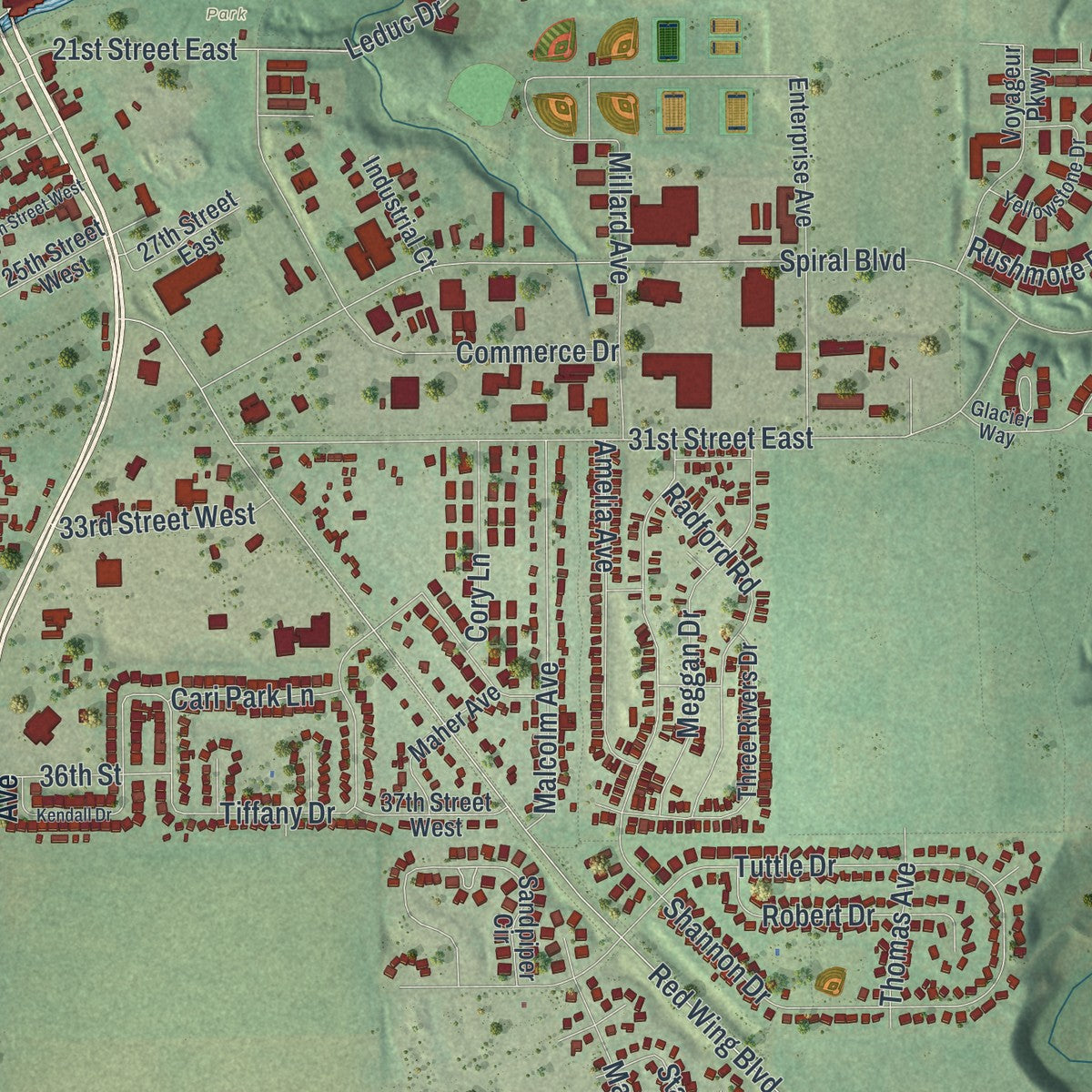 Second close-up of the map of Hastings, Minnesota print showing more streets and buildings