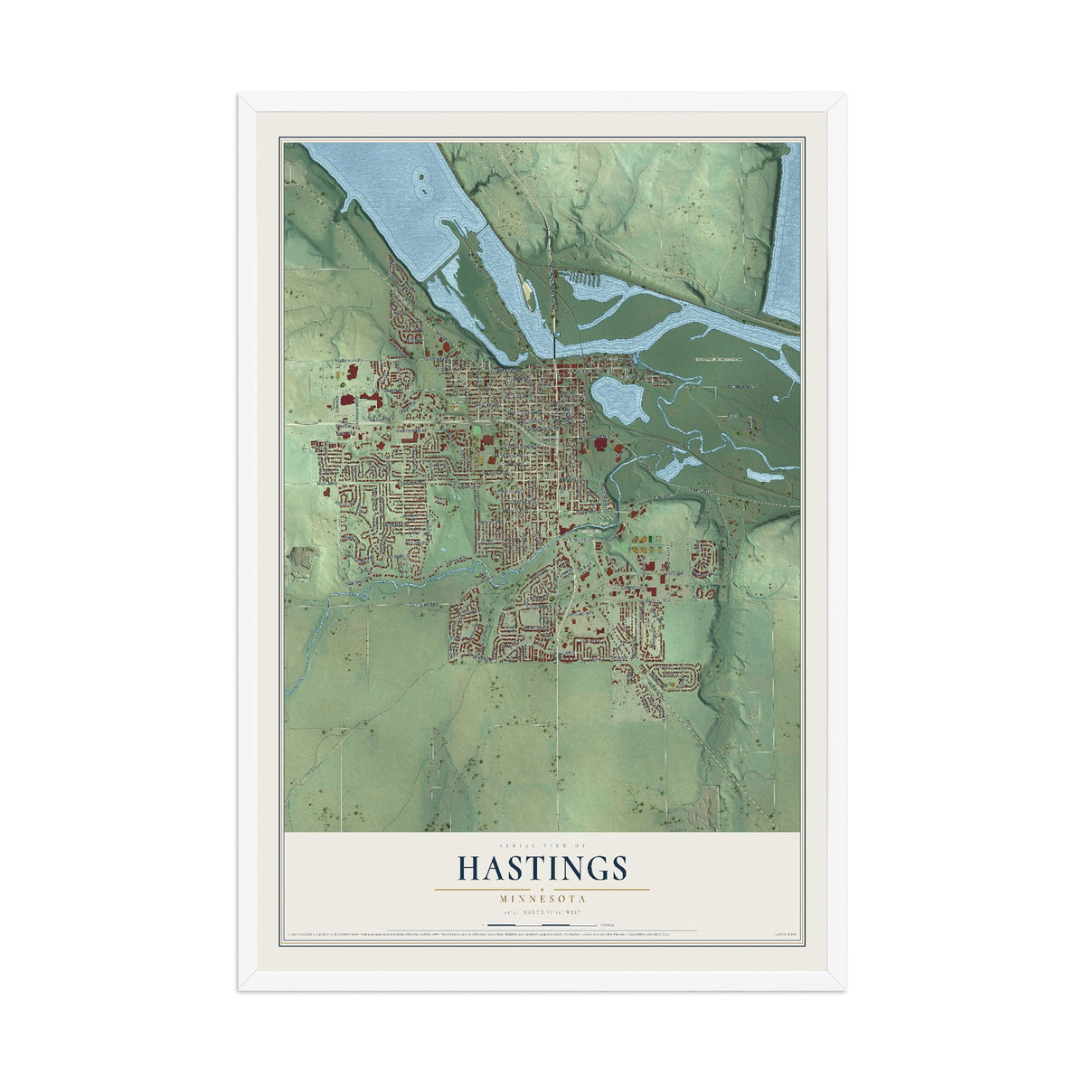 Map of Hastings, Minnesota, 12 x 18 inch print in a white wood frame