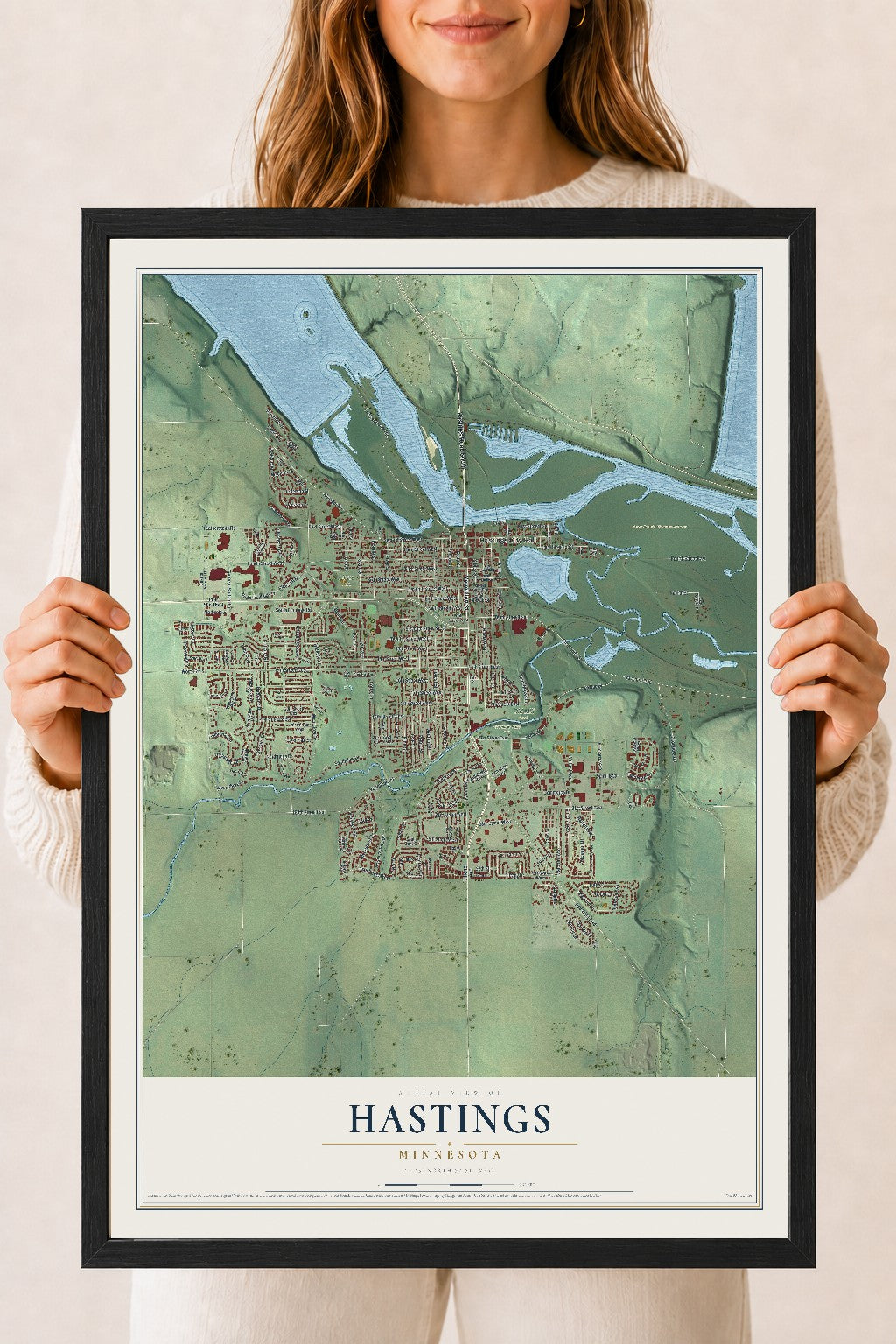 Map of Hastings, Minnesota, 18 x 24 inch print in a black wood frame