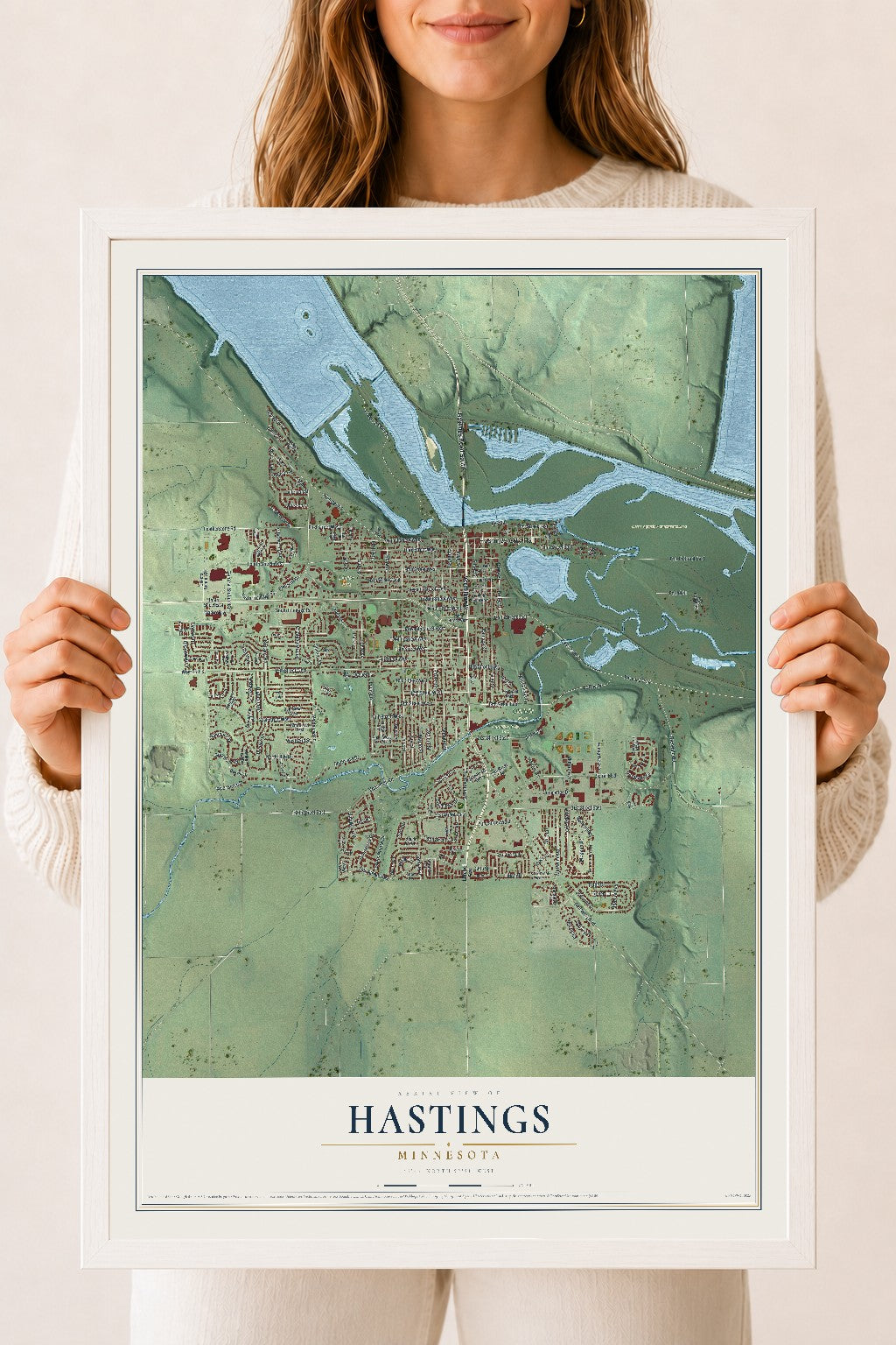 Map of Hastings, Minnesota, 18 x 24 inch print in a white wood frame