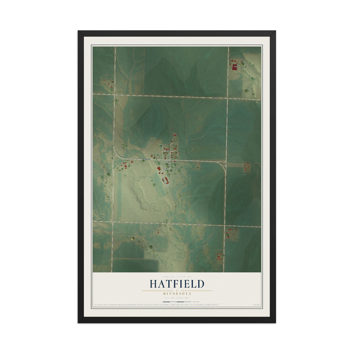 Map of Hatfield, Minnesota, 12 x 18 inch print in a black wood frame