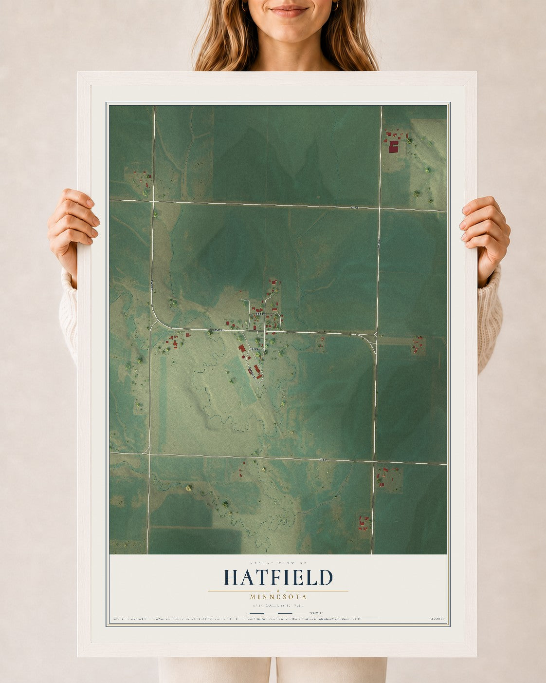 Map of Hatfield, Minnesota, 24 x 36 inch print in a white wood frame