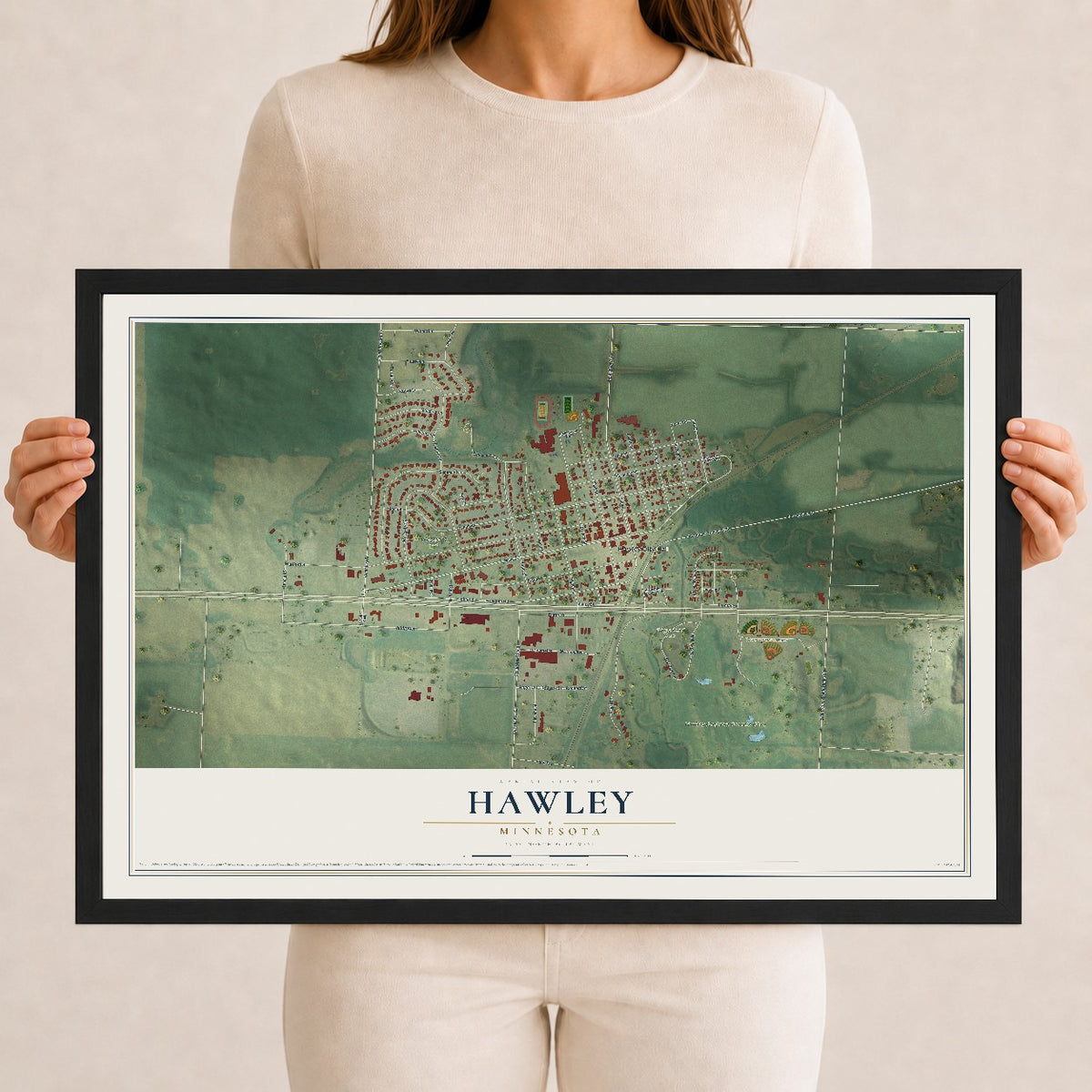 Map of Hawley, Minnesota, 12 x 18 inch print in a black wood frame