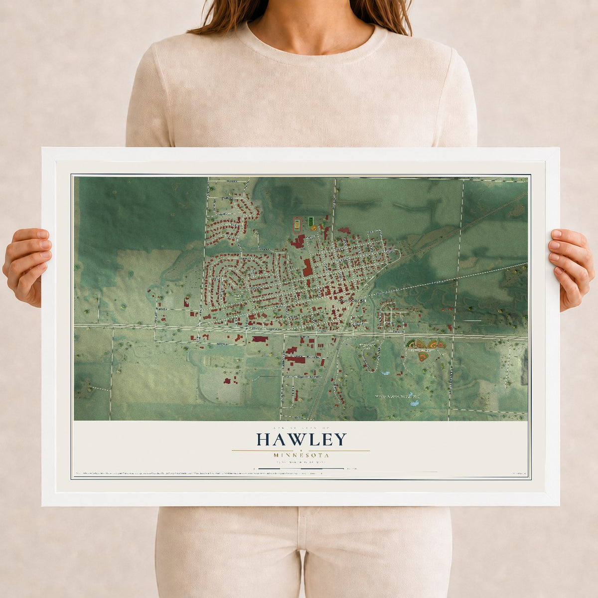 Map of Hawley, Minnesota, 12 x 18 inch print in a white wood frame