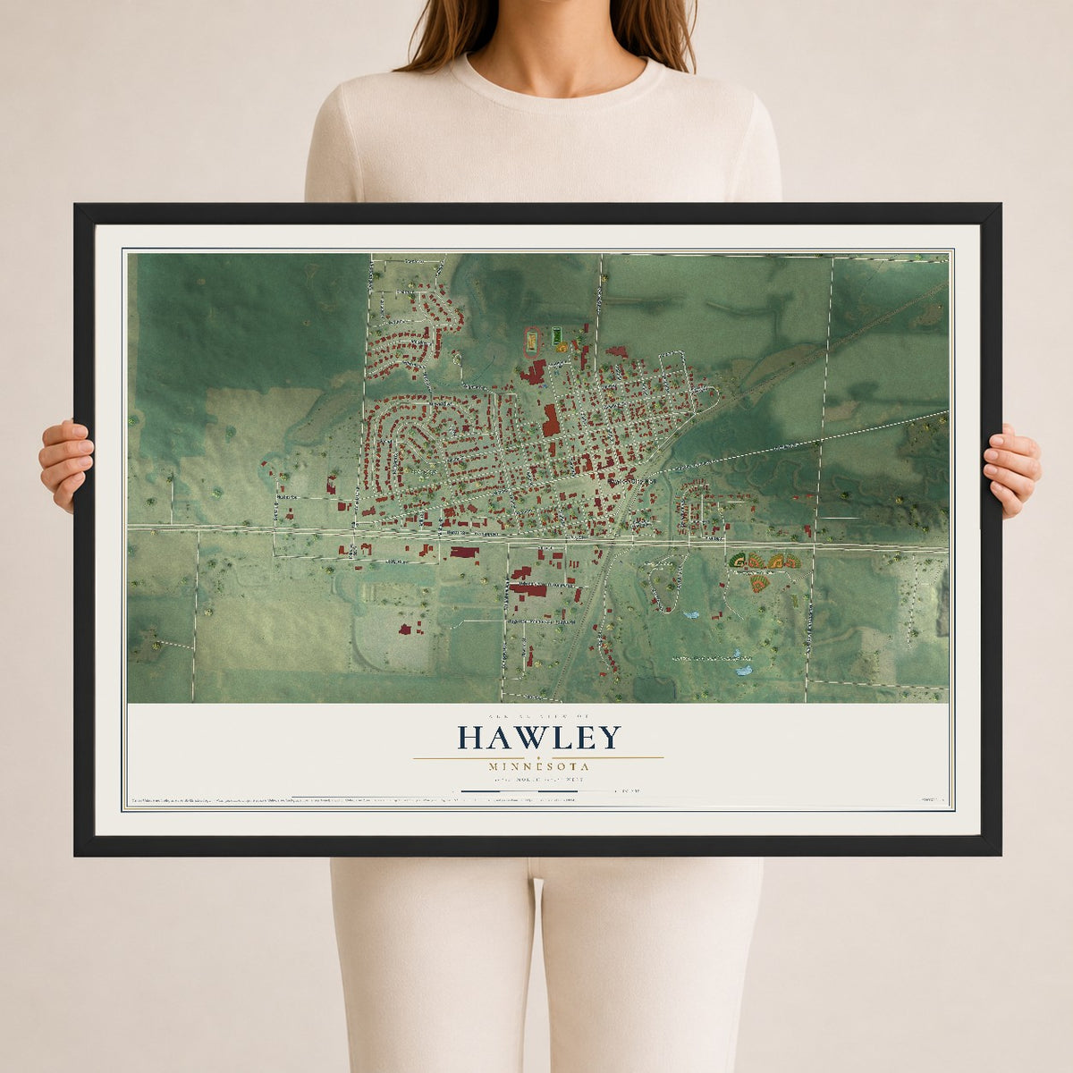 Map of Hawley, Minnesota, 24 x 36 inch print in a black wood frame