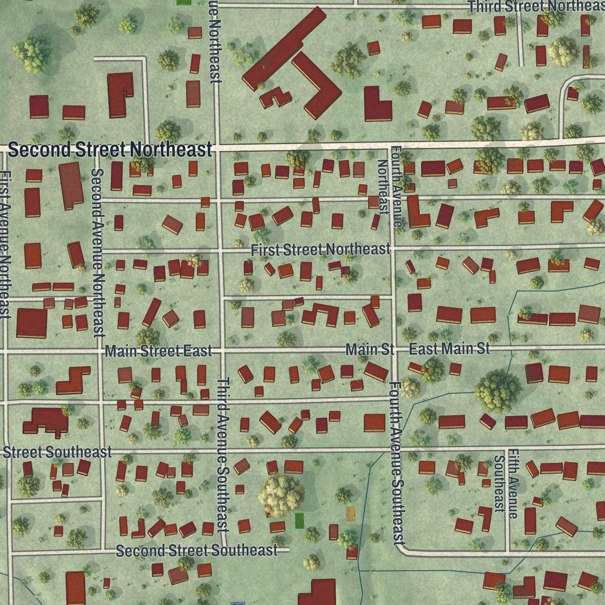 Close-up of the map of Hayfield, Minnesota print showing street and building detail