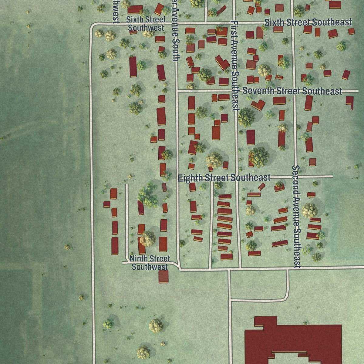 Second close-up of the map of Hayfield, Minnesota print showing more streets and buildings