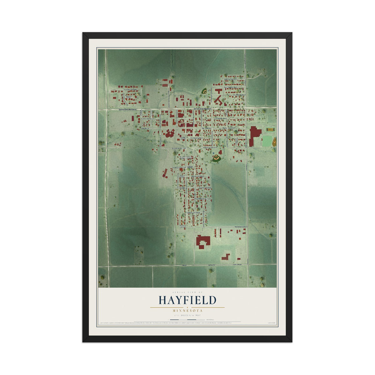 Map of Hayfield, Minnesota, 12 x 18 inch print in a black wood frame