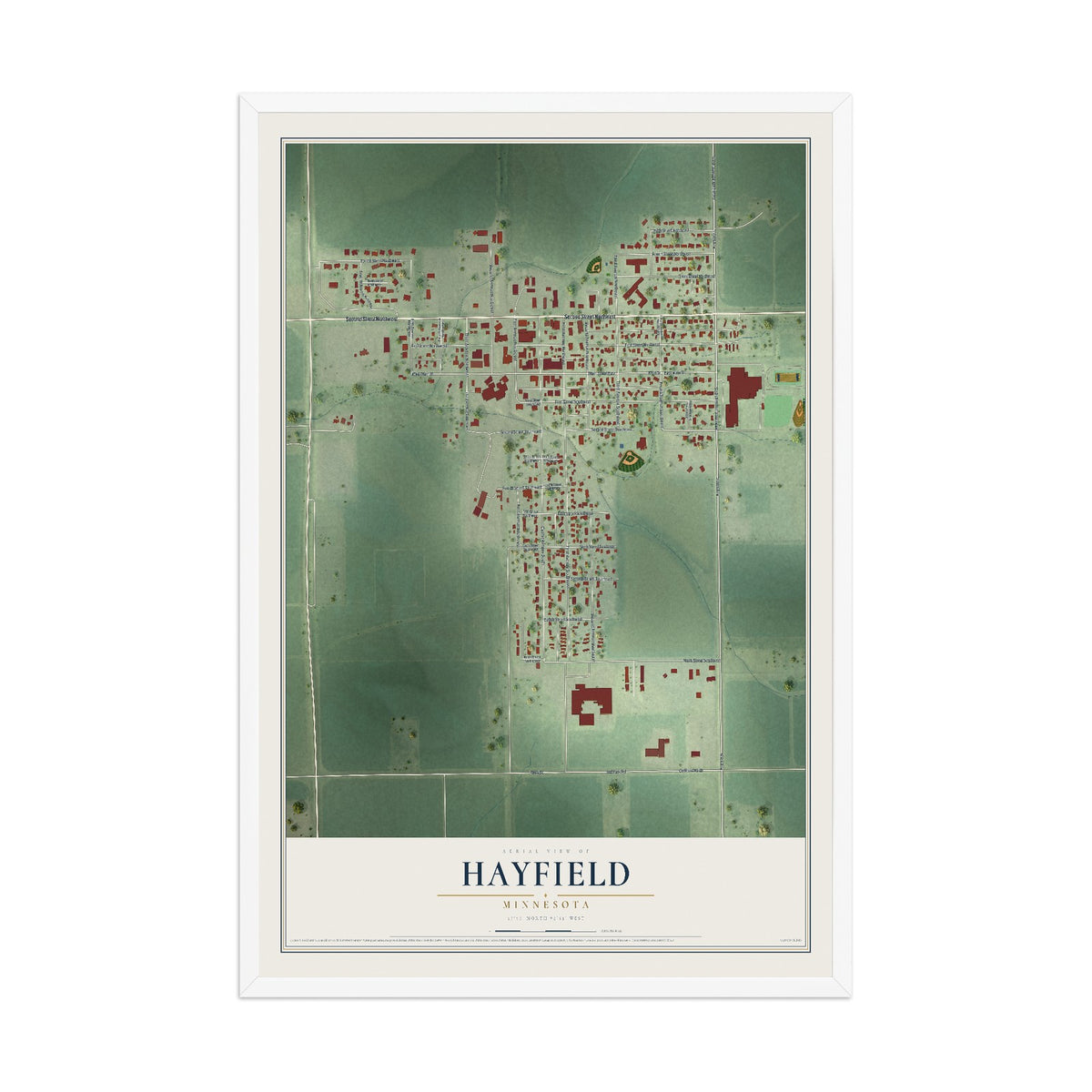 Map of Hayfield, Minnesota, 12 x 18 inch print in a white wood frame