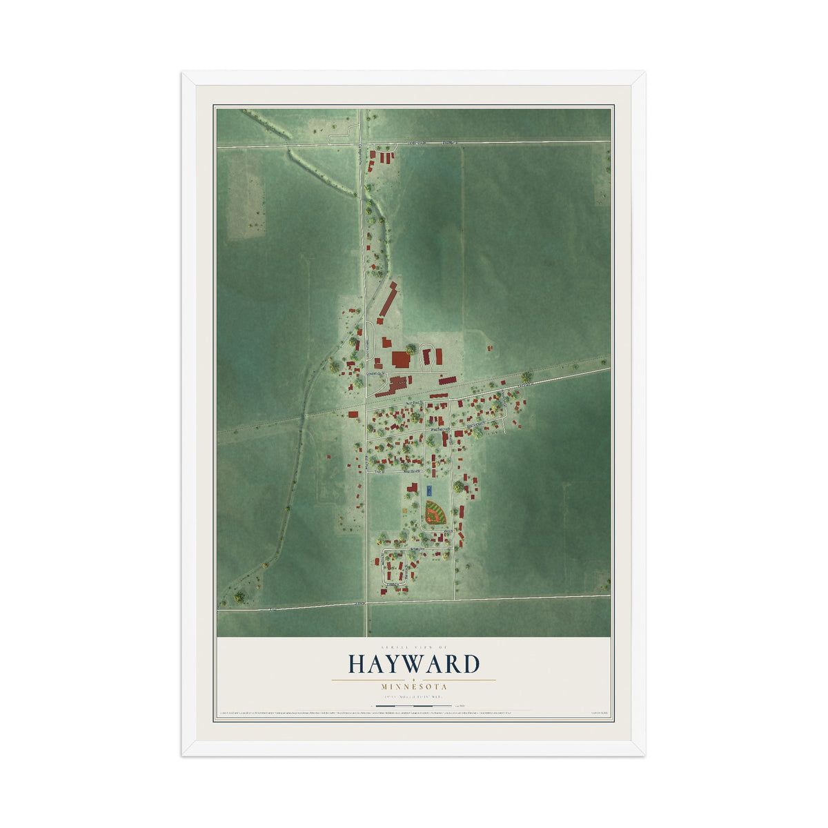 Map of Hayward, Minnesota, 12 x 18 inch print in a white wood frame