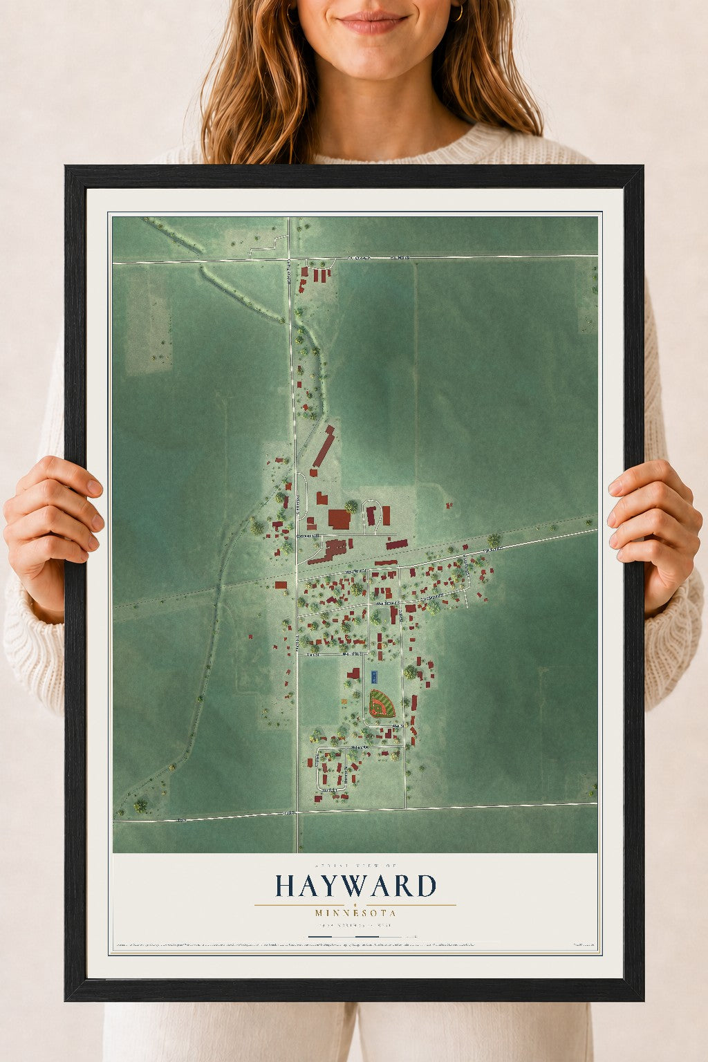 Map of Hayward, Minnesota, 18 x 24 inch print in a black wood frame
